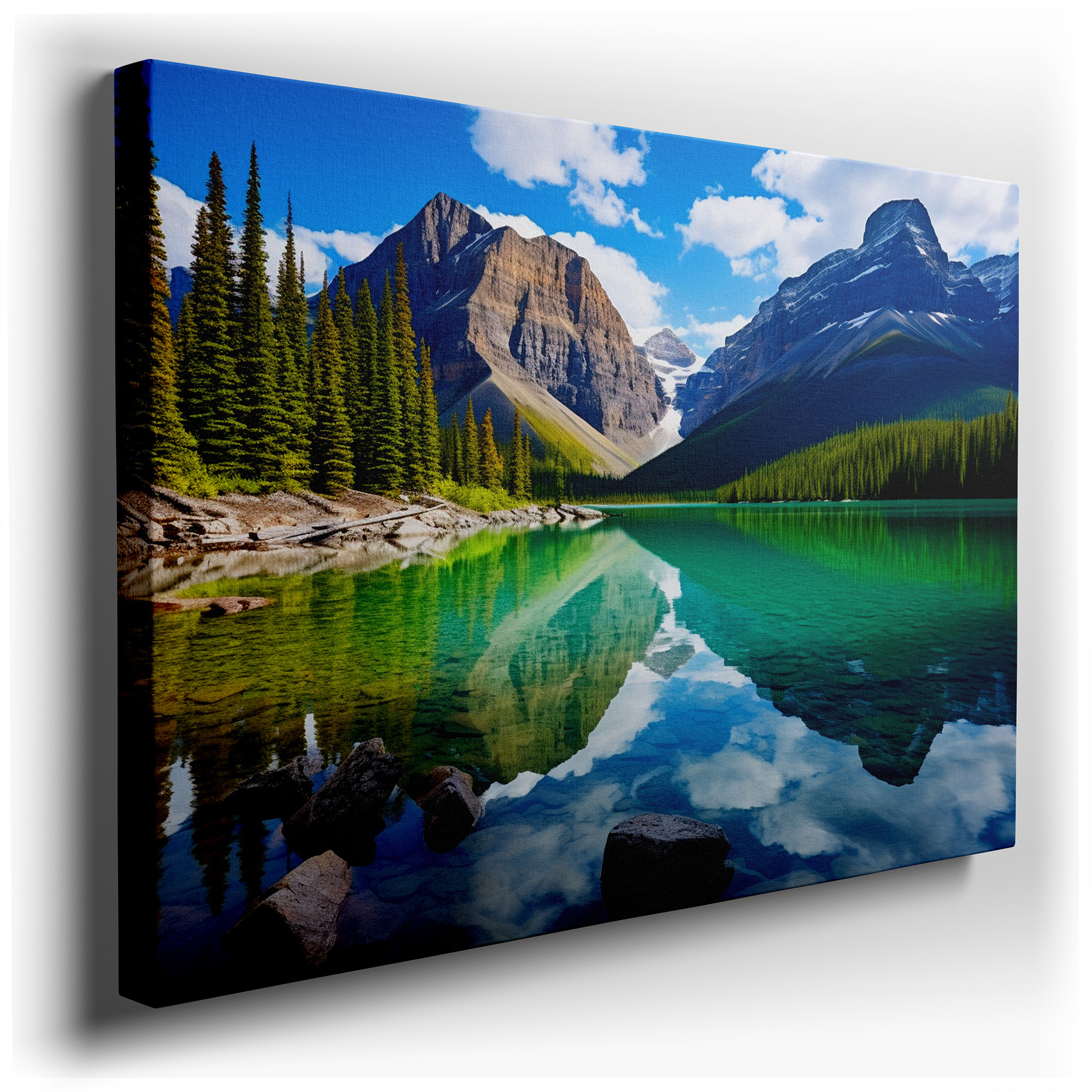 Serene Mountain Lake and Verdant Trees Reflection Wall Art - Vibrant Blue Sky Canvas for Office and Bedroom Decor