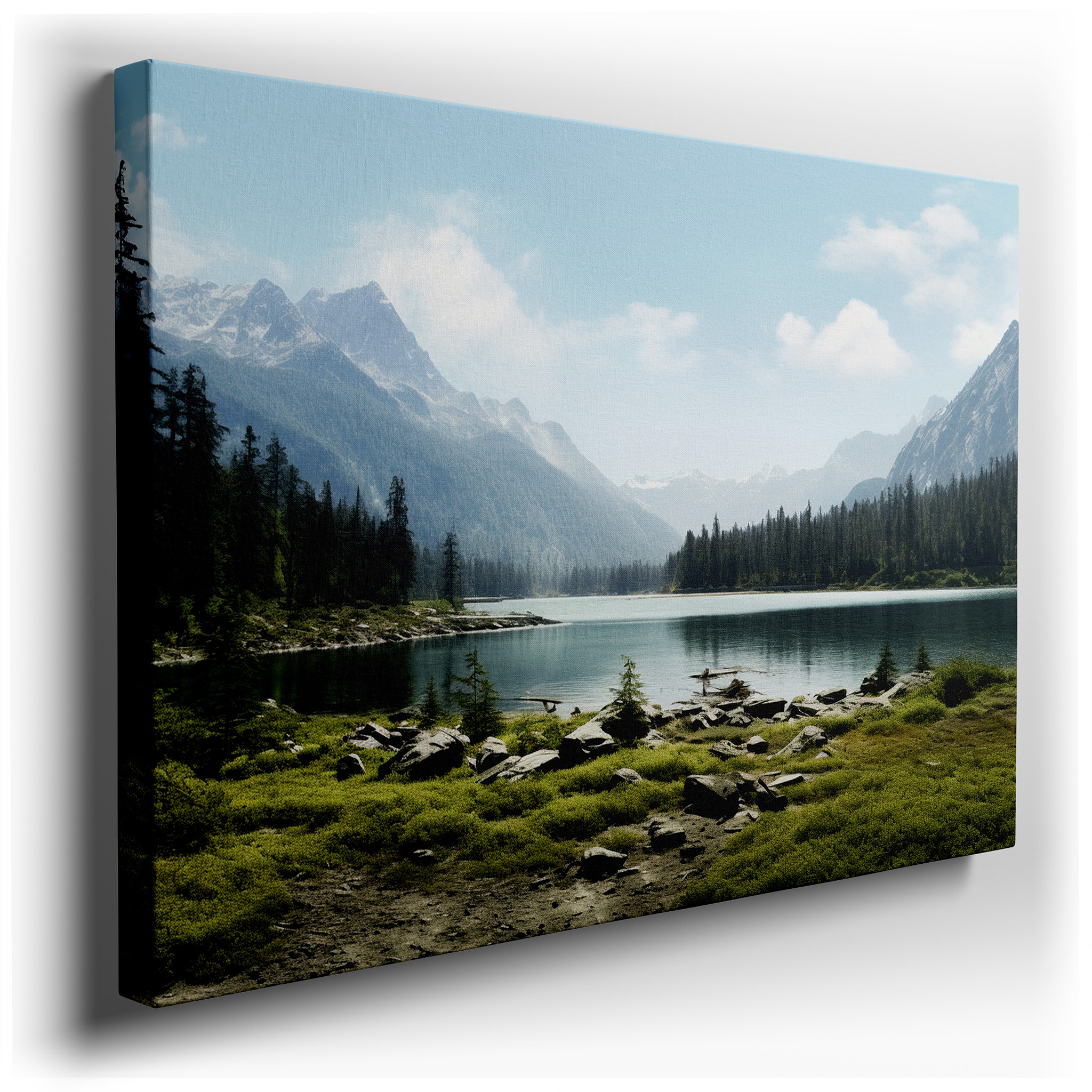 Serene Mountain Lake Reflections: Tranquil Wilderness Gateway - Large Canvas Wall Art for Office, Bedroom, and Living