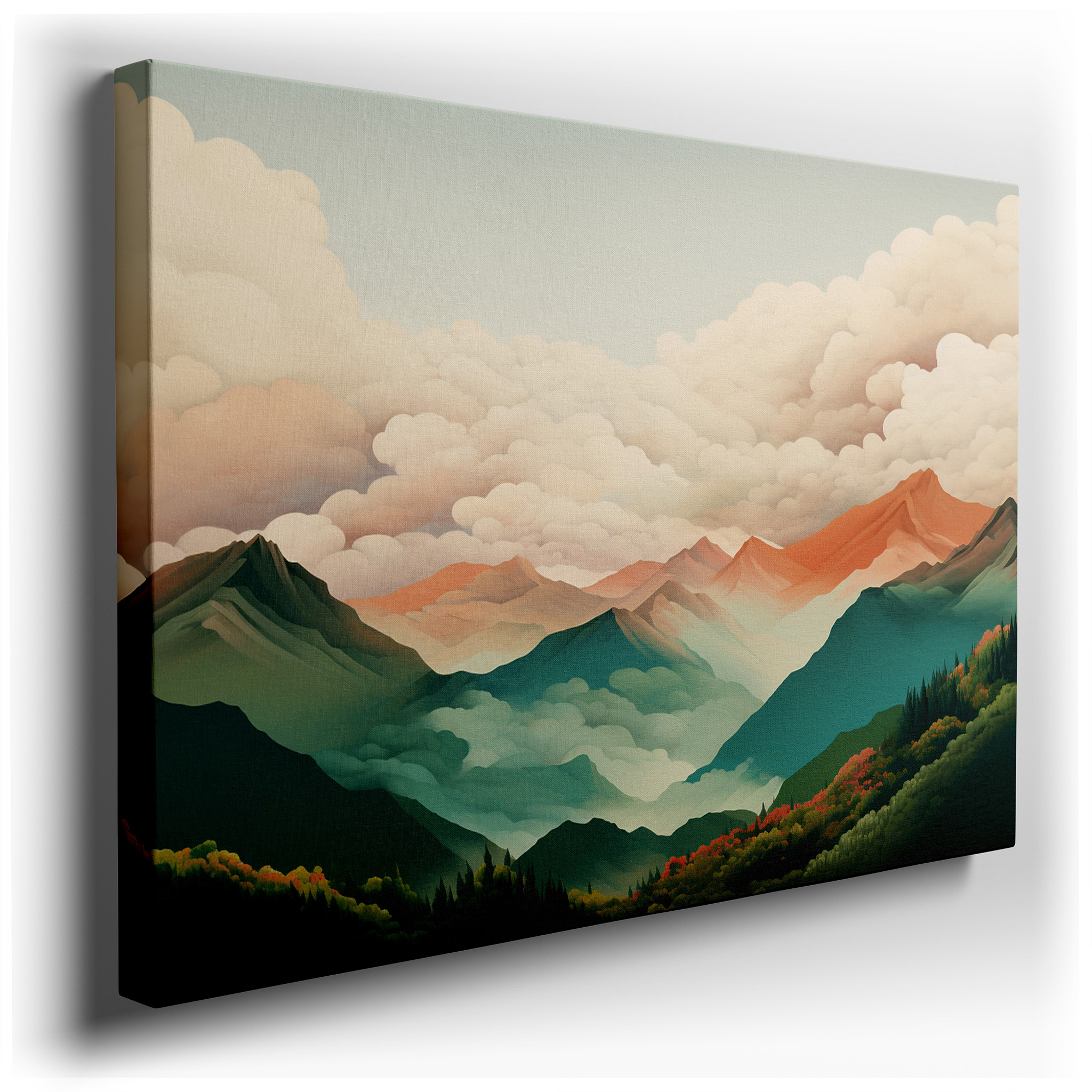 Serene Mountain Range Surrounded by Soft Clouds, Peaceful Large Wall Art, Canvas Wall Decor for Office and Bedroom
