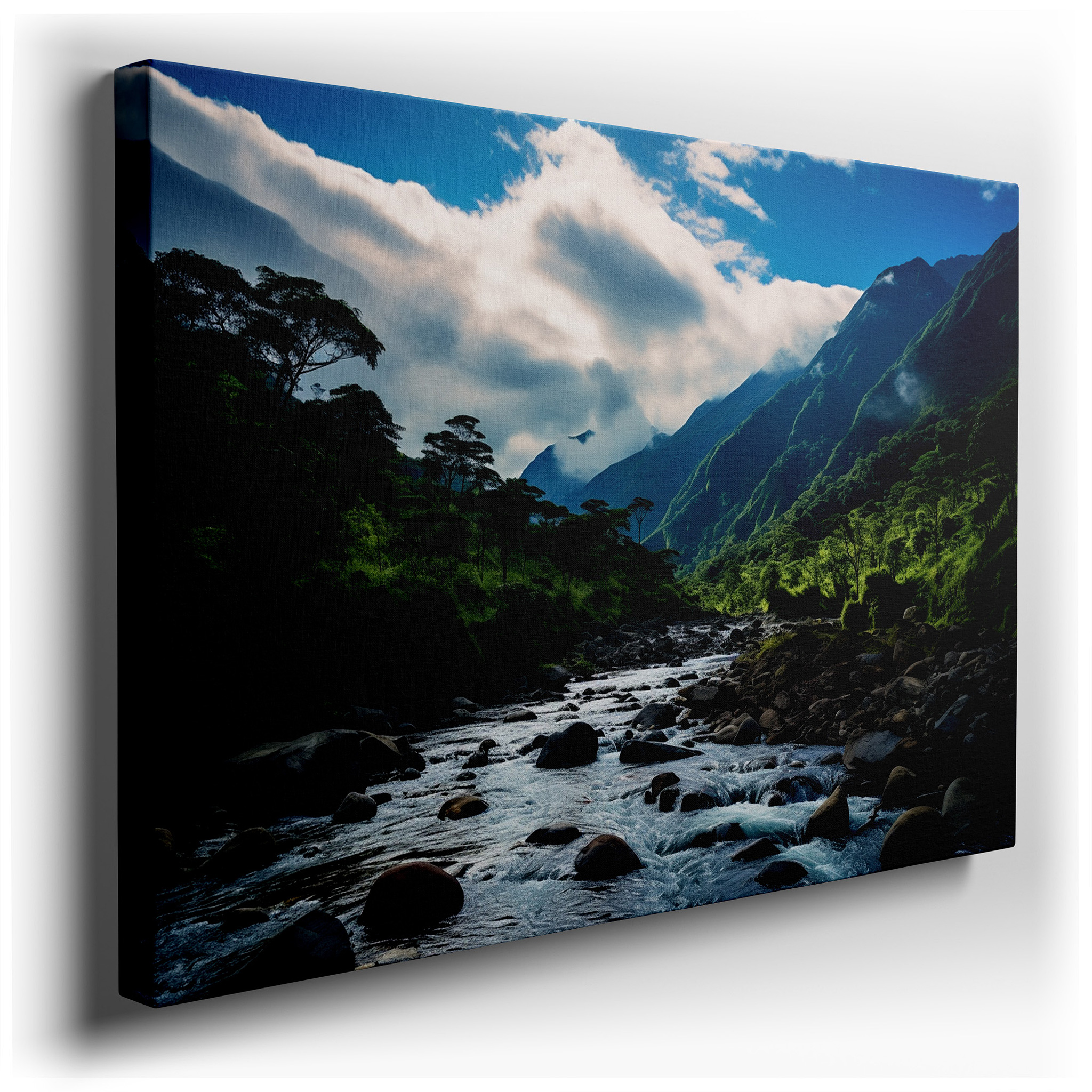 Serene Mountain River Flowing Through Verdant Hills Beneath a Vibrant Blue Sky - Large Canvas Wall Art for Office and