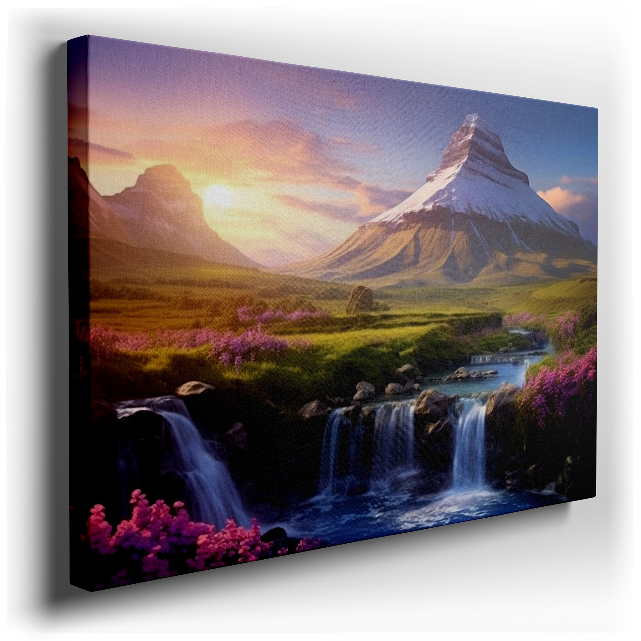 Serene Mountain Scenery with Bright Flowers and Grand Waterfalls - Oversized Wall Art, Canvas Print, Home and Office