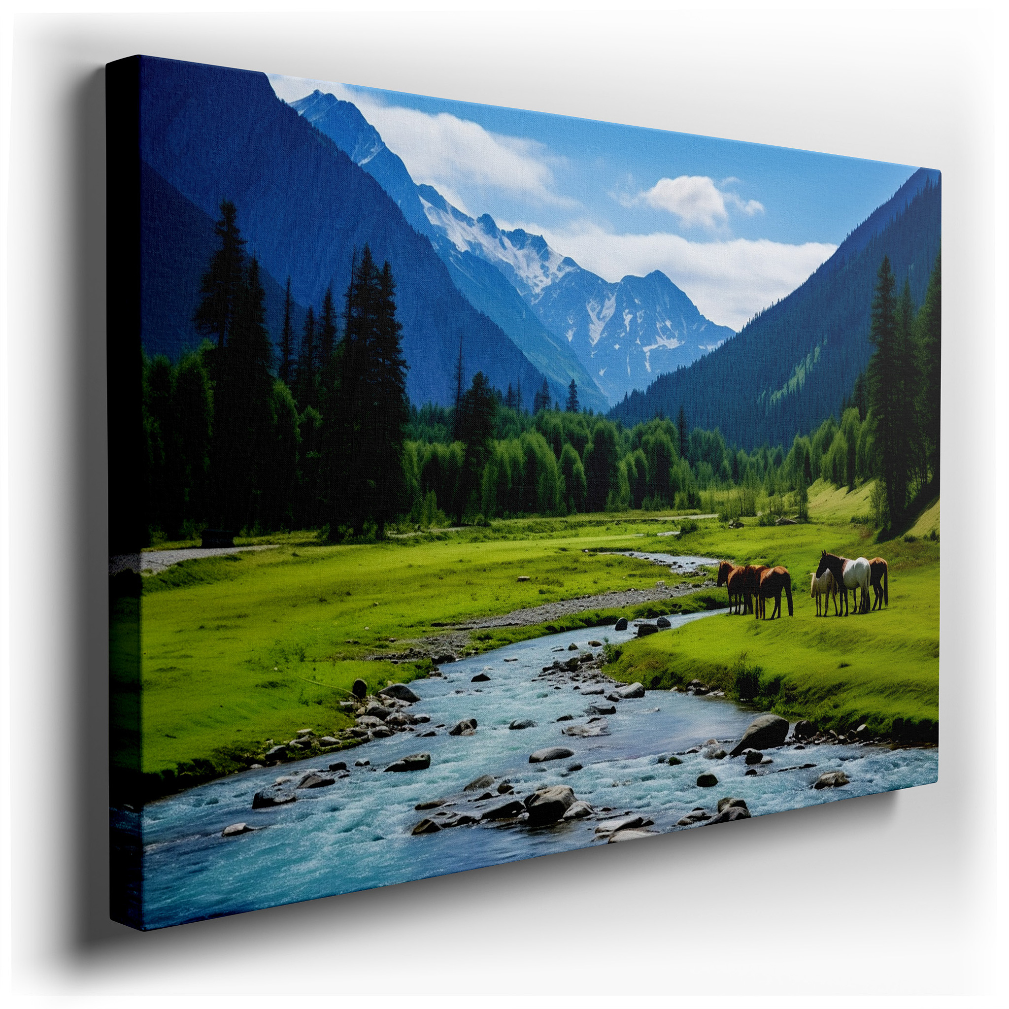 Serene Mountain Valley and Horses Near Glacial River - Large Canvas Wall Art for Office, Bedroom, and Living Room Decor