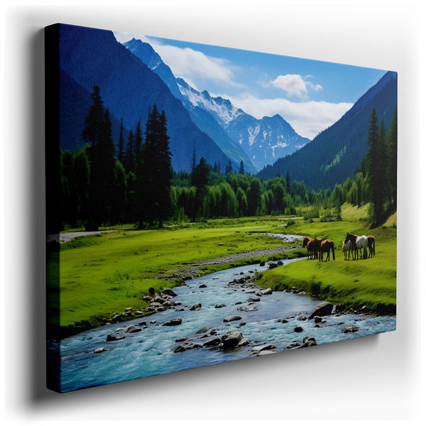 Serene Mountain Valley with Horses - Nature Canvas Wall Art