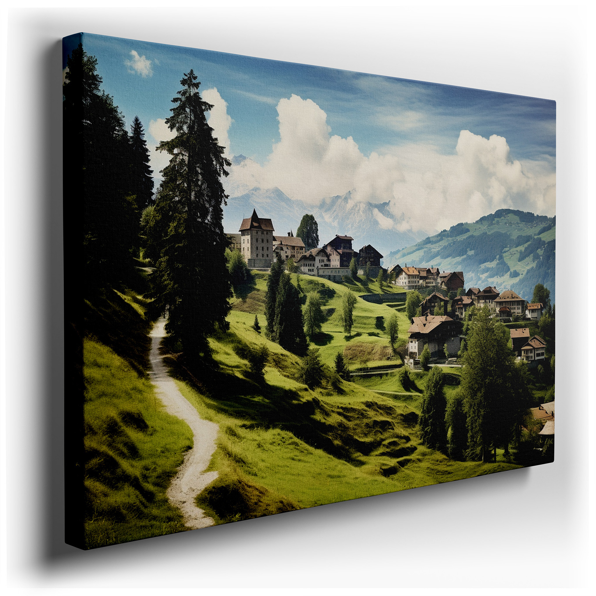 Serene Mountain Village Wall Art Featuring Lush Greenery and Majestic Peaks - Large Canvas for Office, Bedroom, and