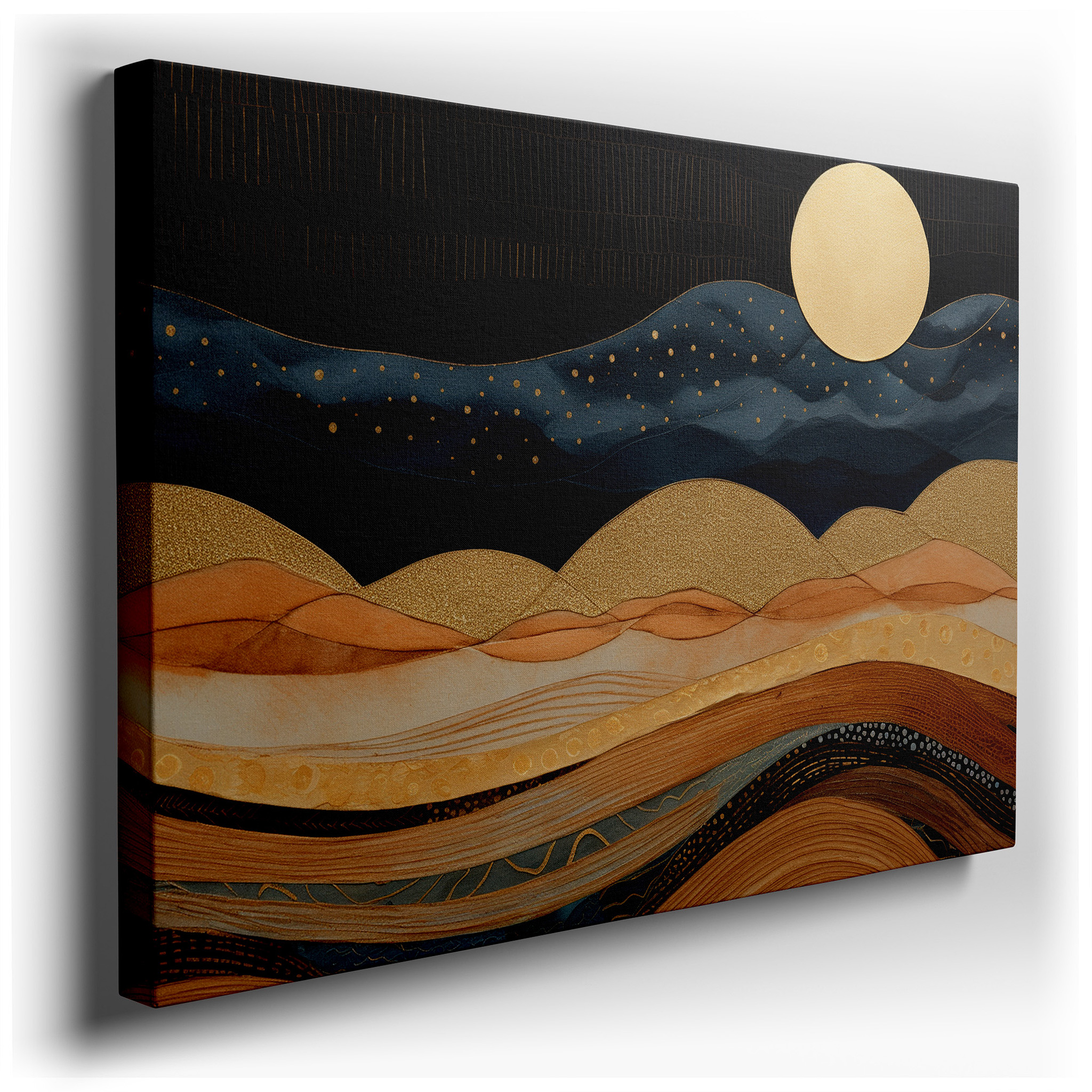 Serene Mountain Vista with Golden Moon, Peaceful Haven in Gentle Pastels, Large Canvas Wall Art for Home and Office