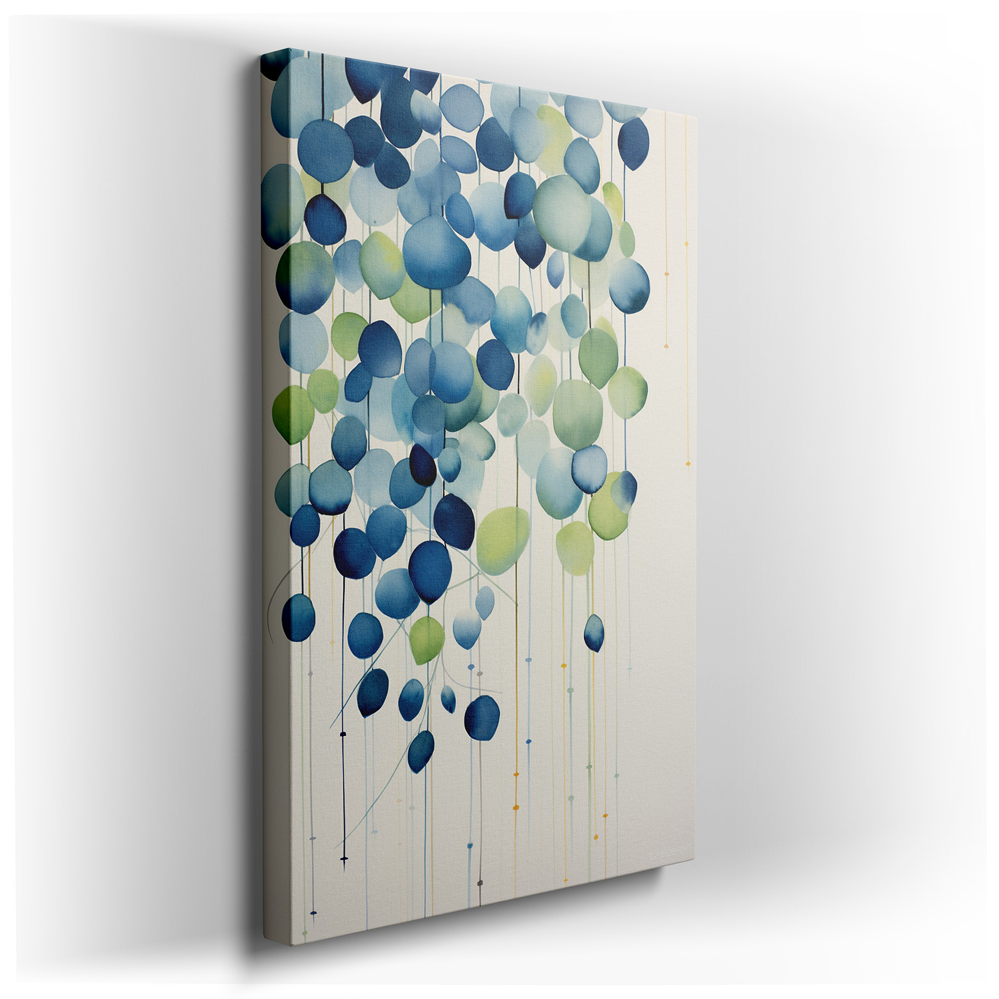 Serene Nature - Inspired Wall Art Featuring Cascading Leaves and Blooms in Blue and Green Tones, Large Canvas for Home