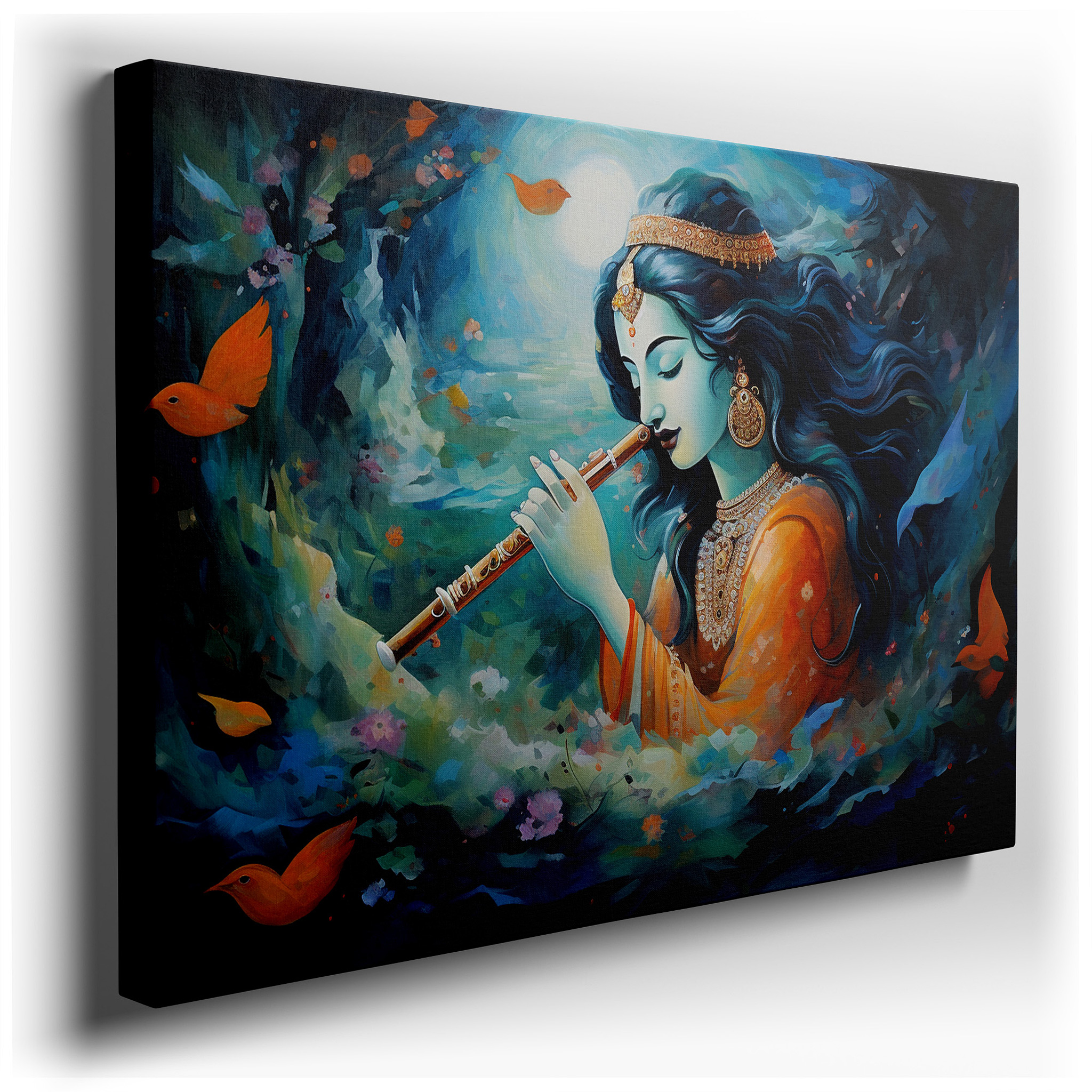 Serene Nature Melodies - Woman in Orange Playing Flute with Birds, Large Blue Background Canvas Wall Art for Office