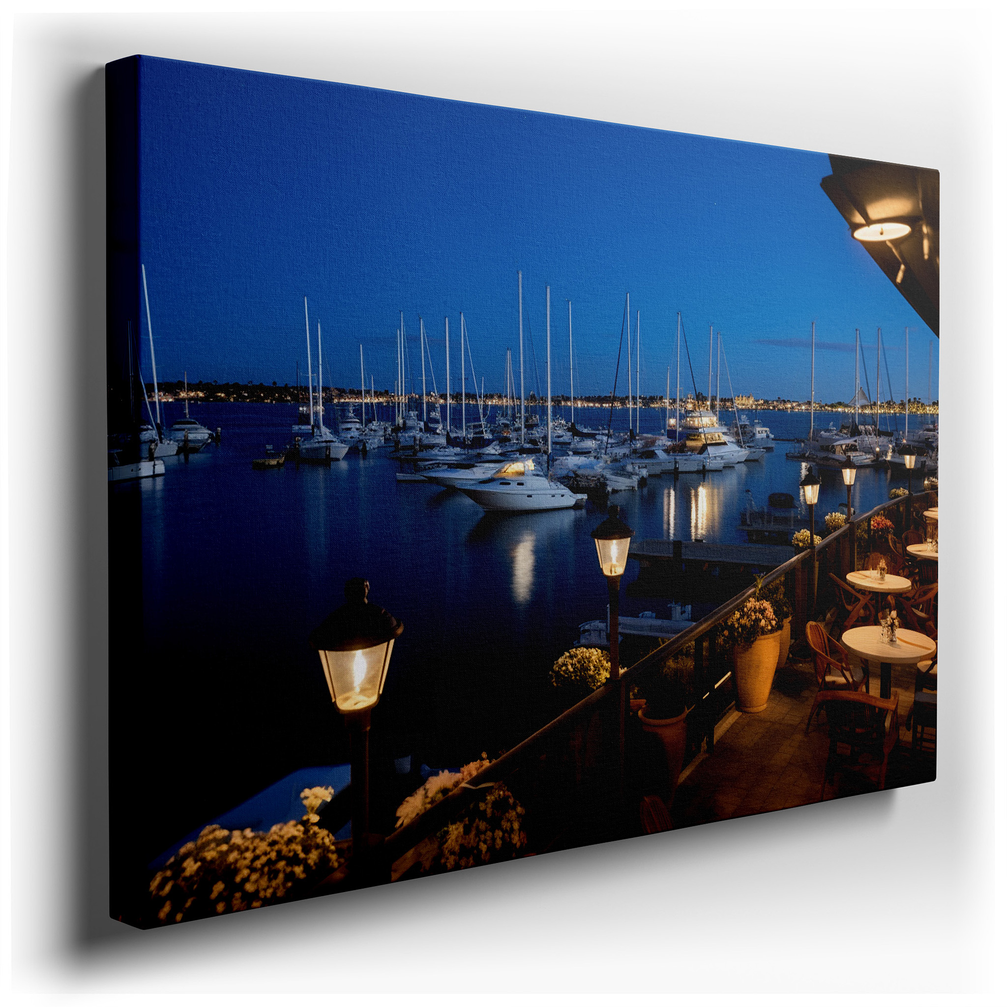 Serene Nighttime Marina Canvas Print Featuring Starlit Sky and Elegant Yachts - Ideal for Office, Bedroom, and Living