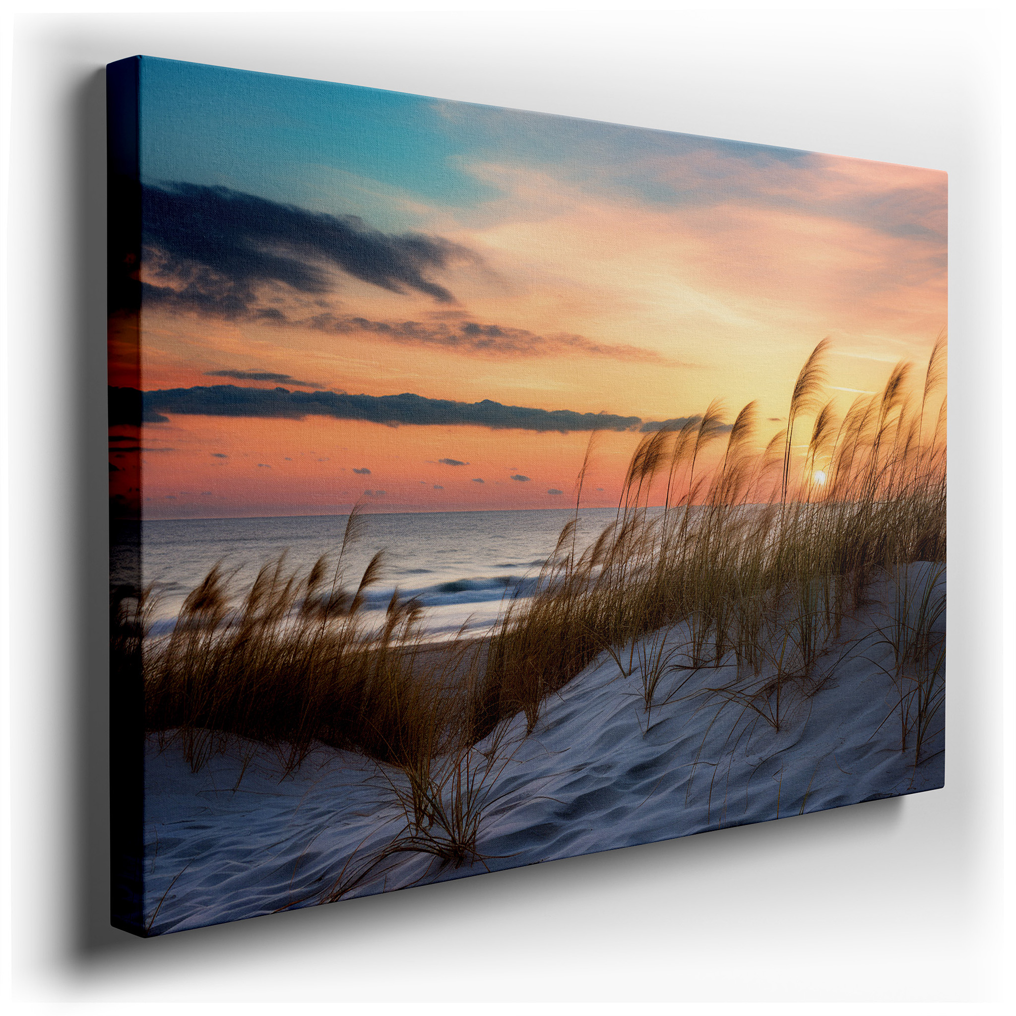 Serene Ocean Dune Landscape with Twilight Sky and Swaying Grass: Large Canvas Wall Art for Office, Bedroom, and Living
