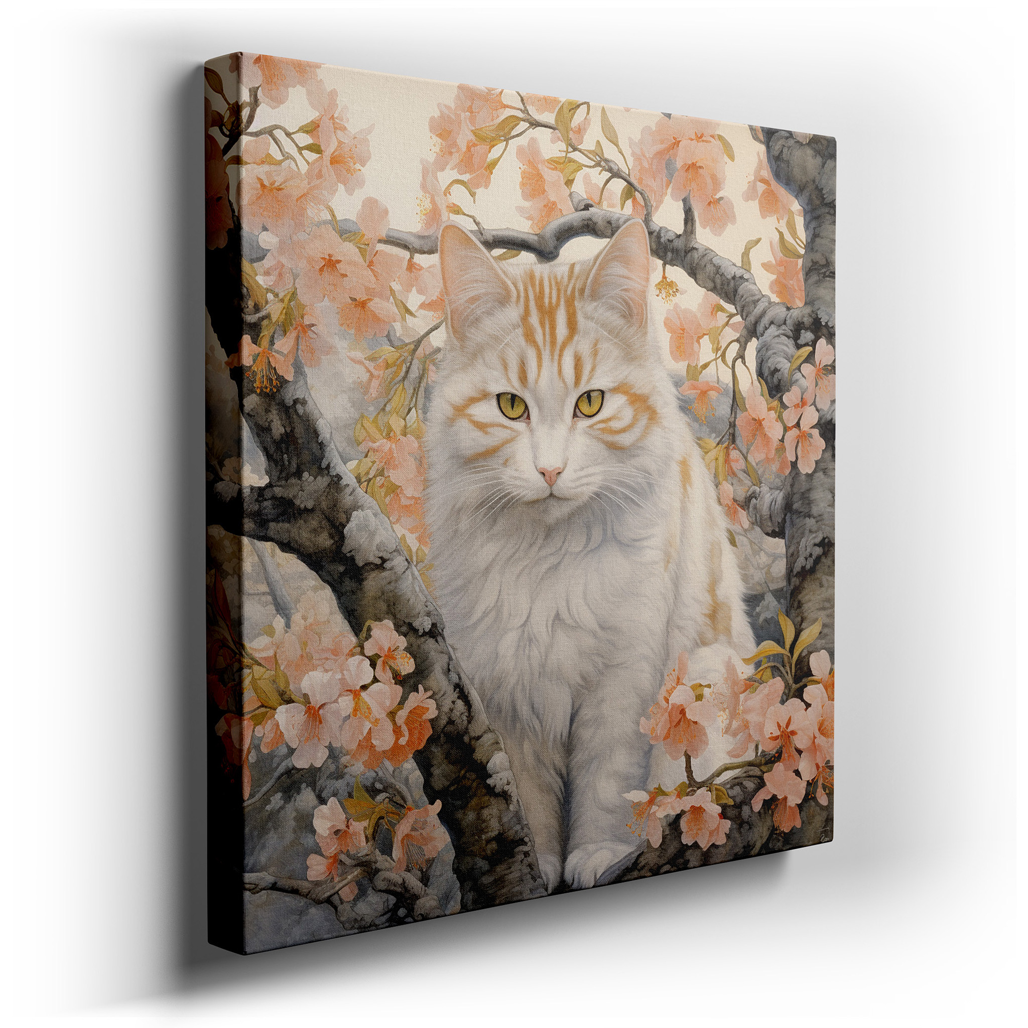 Serene Orange and White Cat Among Soft Pink Blossoms Tranquil Garden Large Wall Art, Canvas Wall Art, Wall Decor,