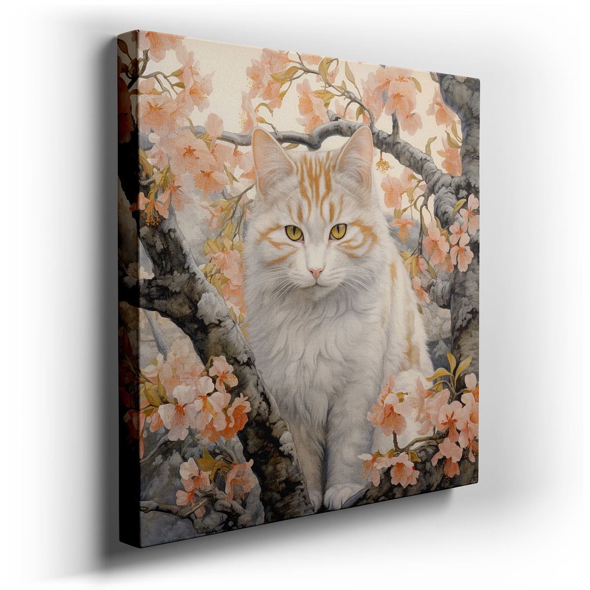 Serene Orange and White Cat Among Soft Pink Blossoms - Tranquil Canvas Wall Art