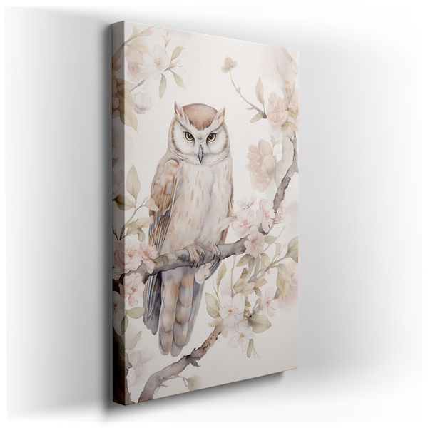 Owl and Cherry Blossoms - Nature's Tranquility - Canvas Wall Art