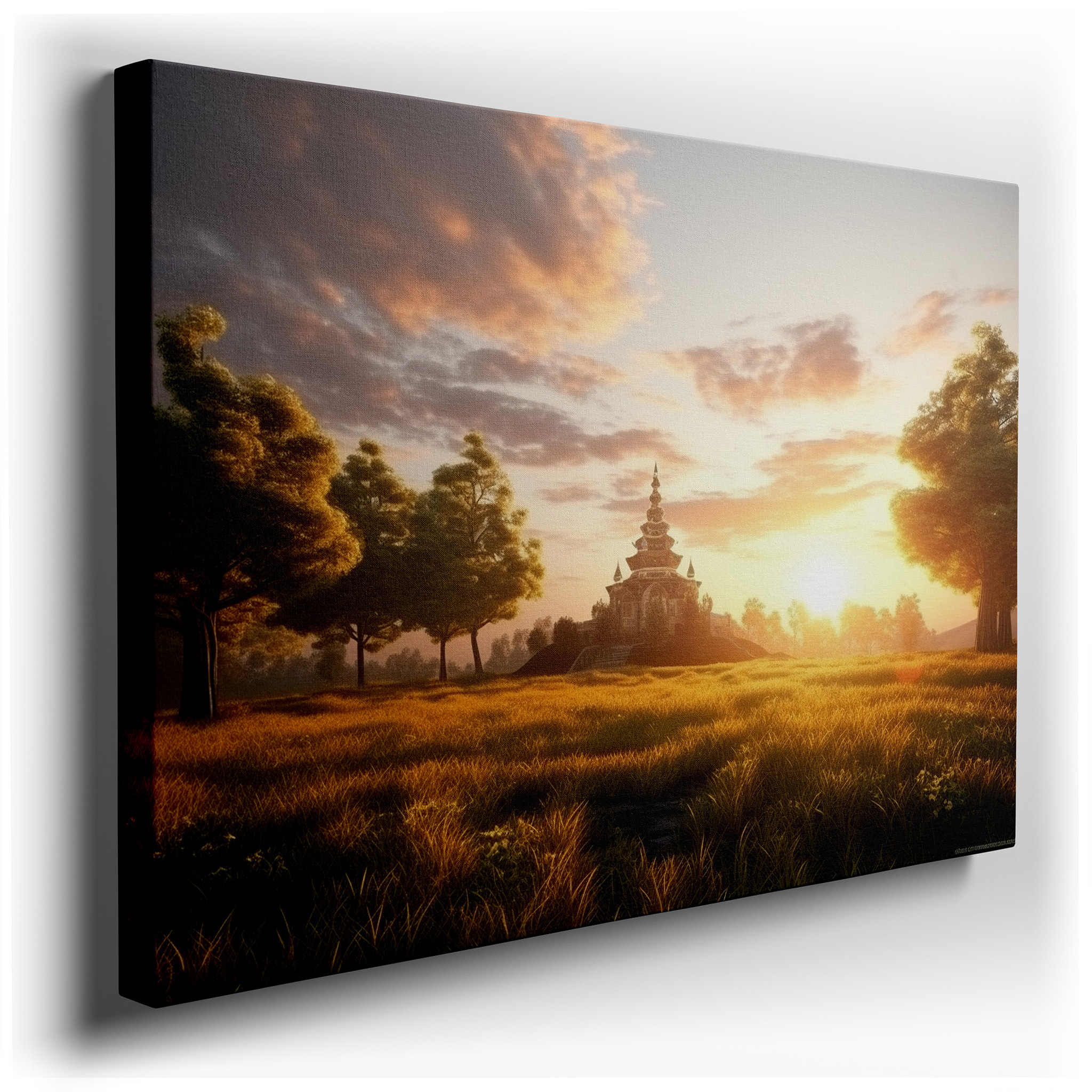 Serene Pagoda Amidst Lush Landscape Bathed in Sunset's Golden Light - Large Canvas Wall Art for Office and Bedroom