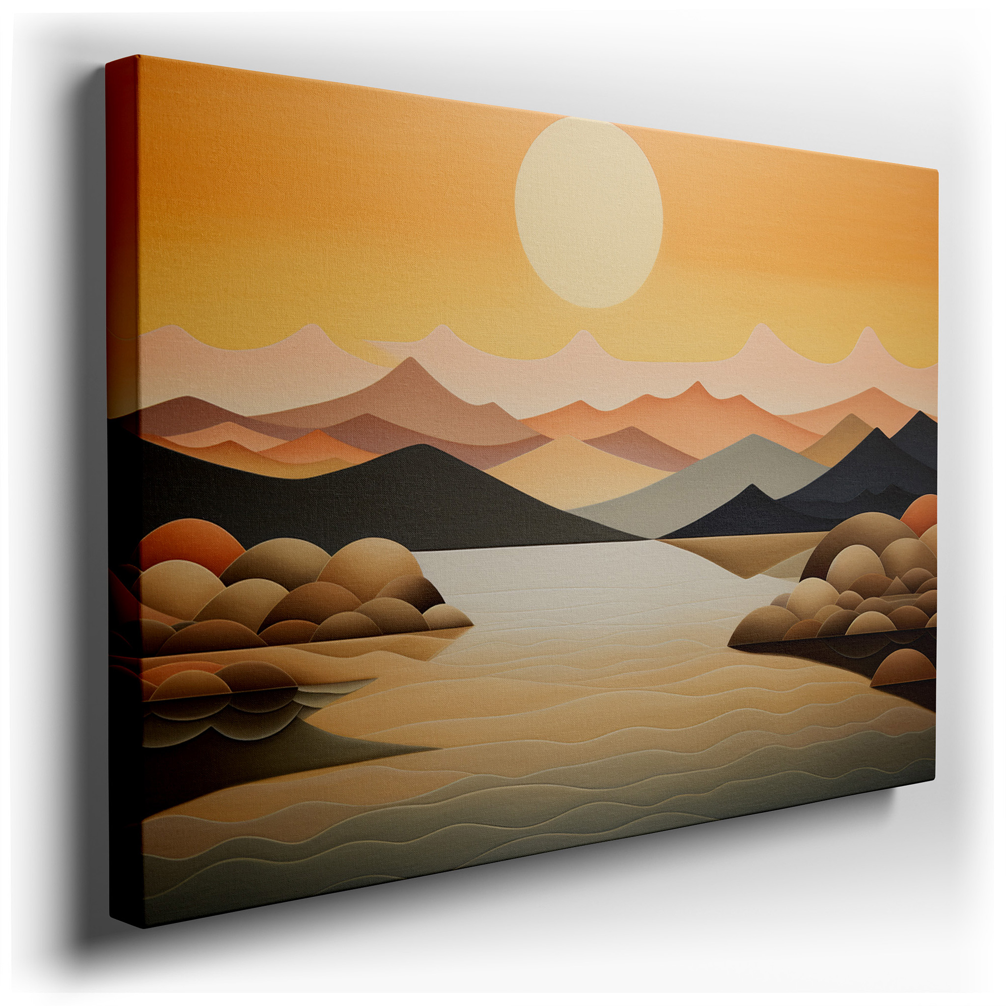 Serene Pastel Landscape Featuring Soft Hills and Calm Waters Beneath a Radiant Sun, Large Canvas Wall Art for Home and