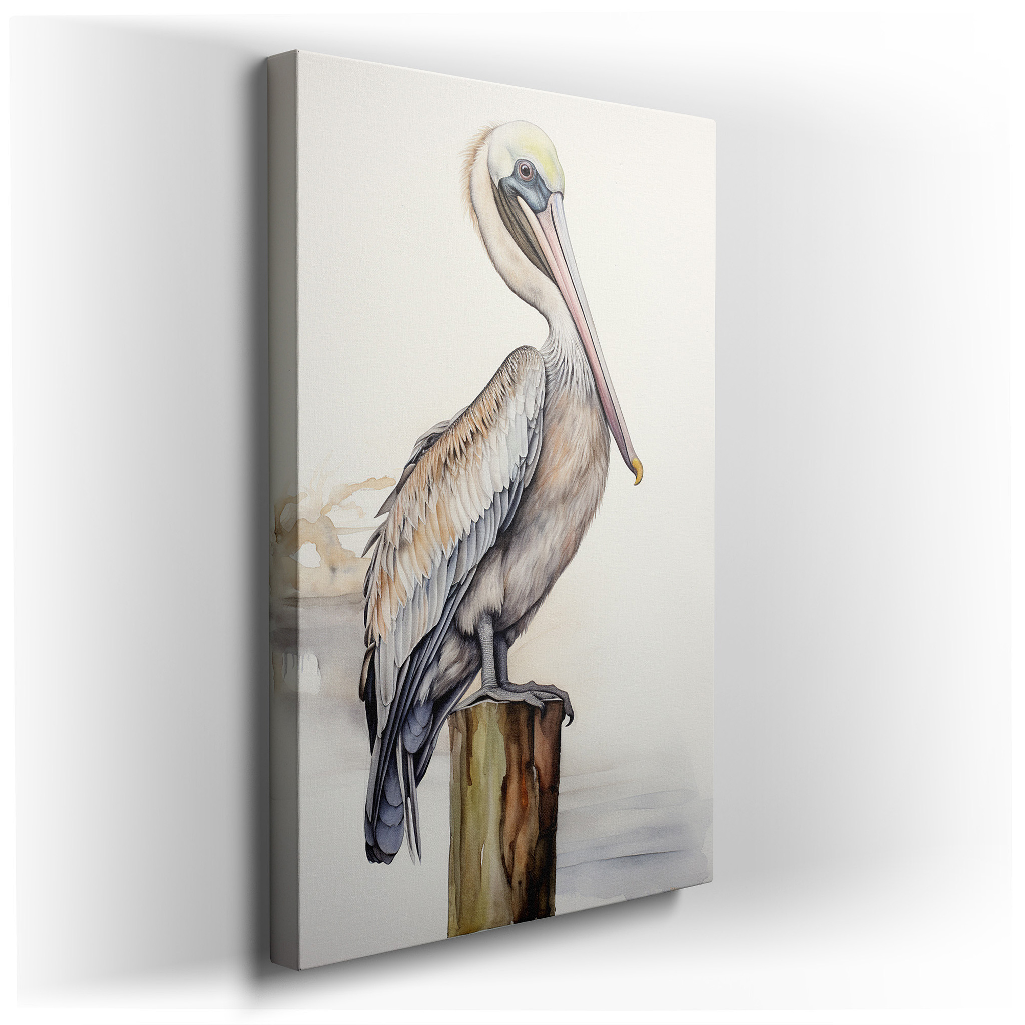Serene Pelican Sitting on Aged Post Over Calm Waters - Large Canvas Wall Art for Office, Bedroom, and Living Room Decor