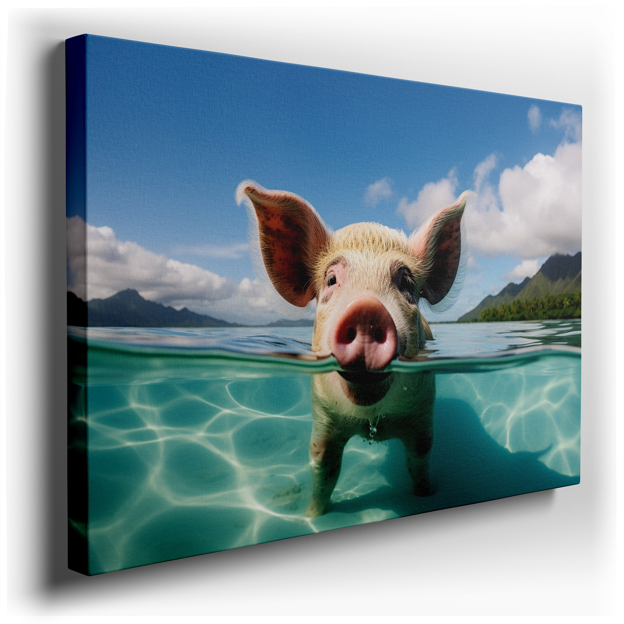 Serene Pig Floating in Crystal Waters with Tropical Mountain Backdrop - Large Canvas Wall Art for Office and Bedroom