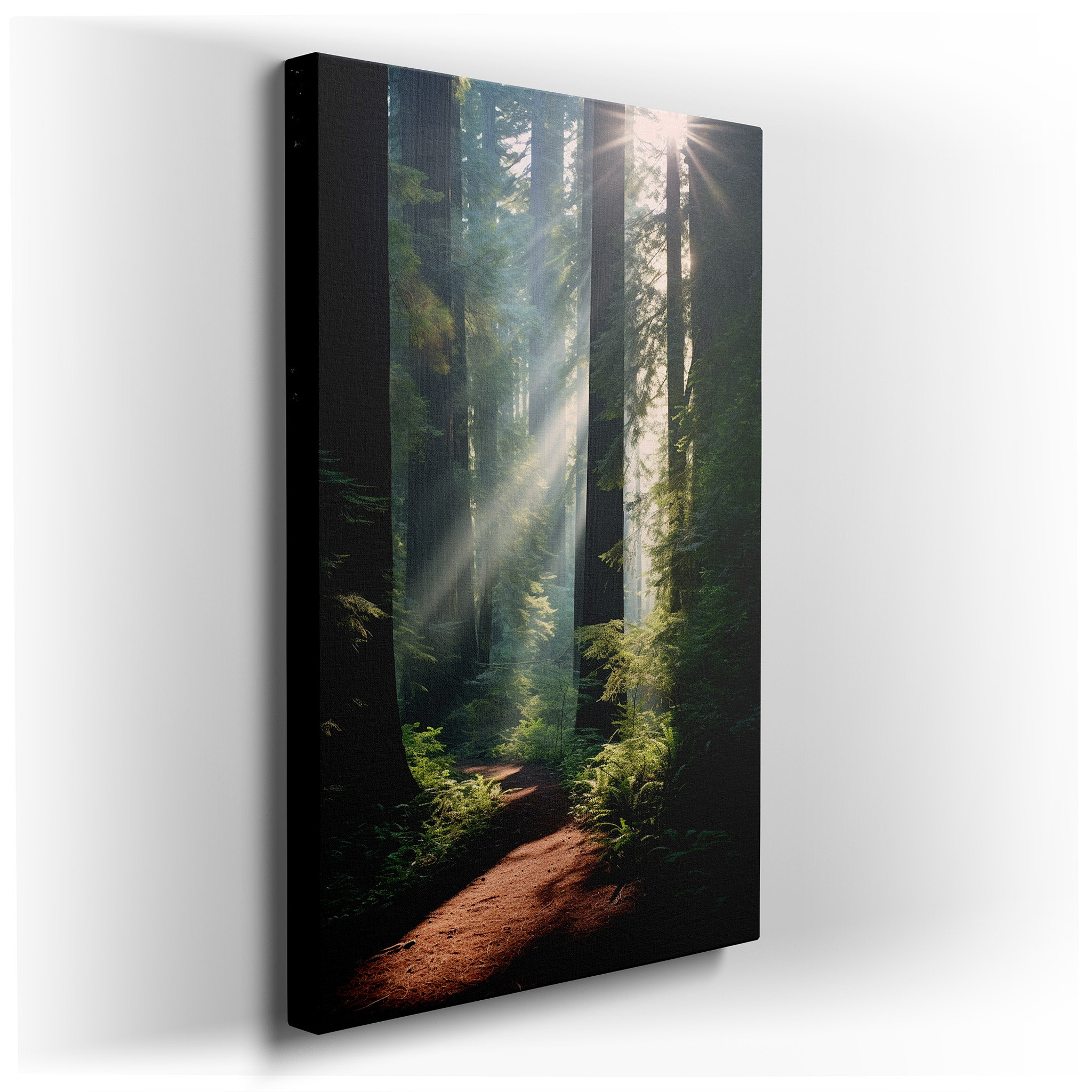 Serene Redwood Forest Canvas: Sunlit Pathway - Tranquil Nature Escape Wall Art for Office and Bedroom Decor wrapped