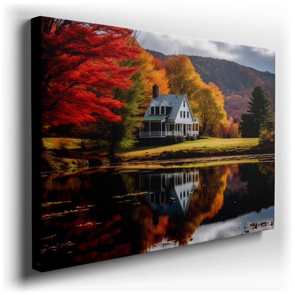 Serene Reflections of a White House in Autumn - Canvas Wall Art