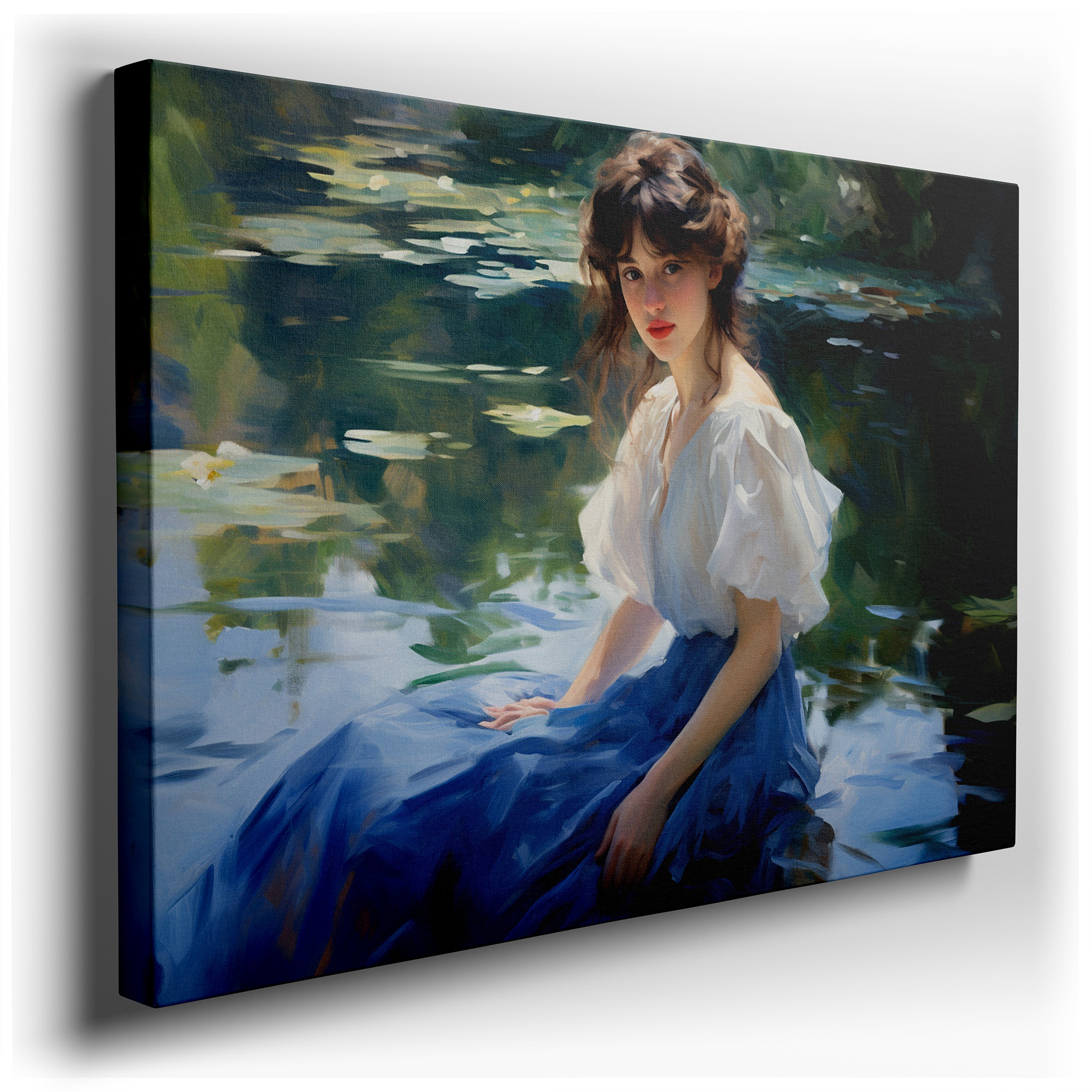 Serene Reflections of a Young Woman by a Tranquil Pond: Large Canvas Wall Art for Office and Bedroom Decor wrapped