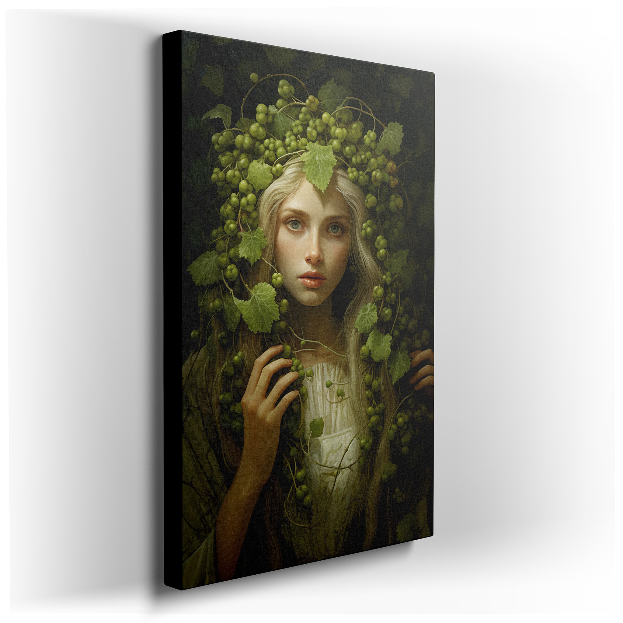 Serene Reflections of Nature's Bounty: Large Wall Art Featuring a Crown of Grapevines and Leaves, Canvas Wall Art for