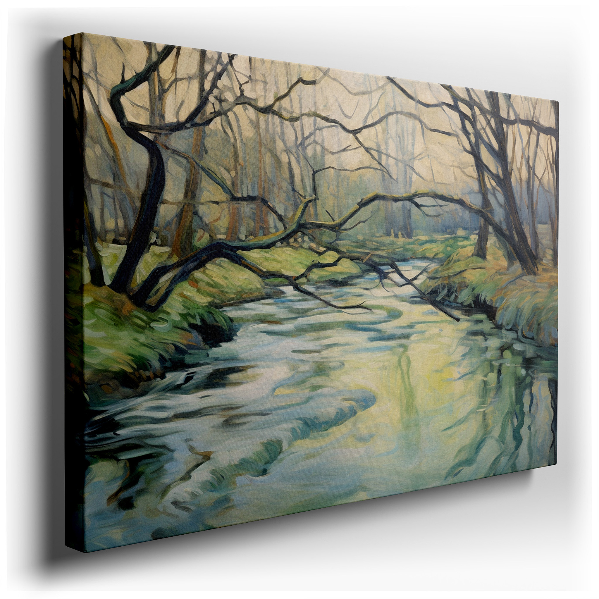 Serene River Amidst Lush Forest, Tranquil Nature Canopy Large Wall Art, Canvas Wall Art, Wall Decor for Office and