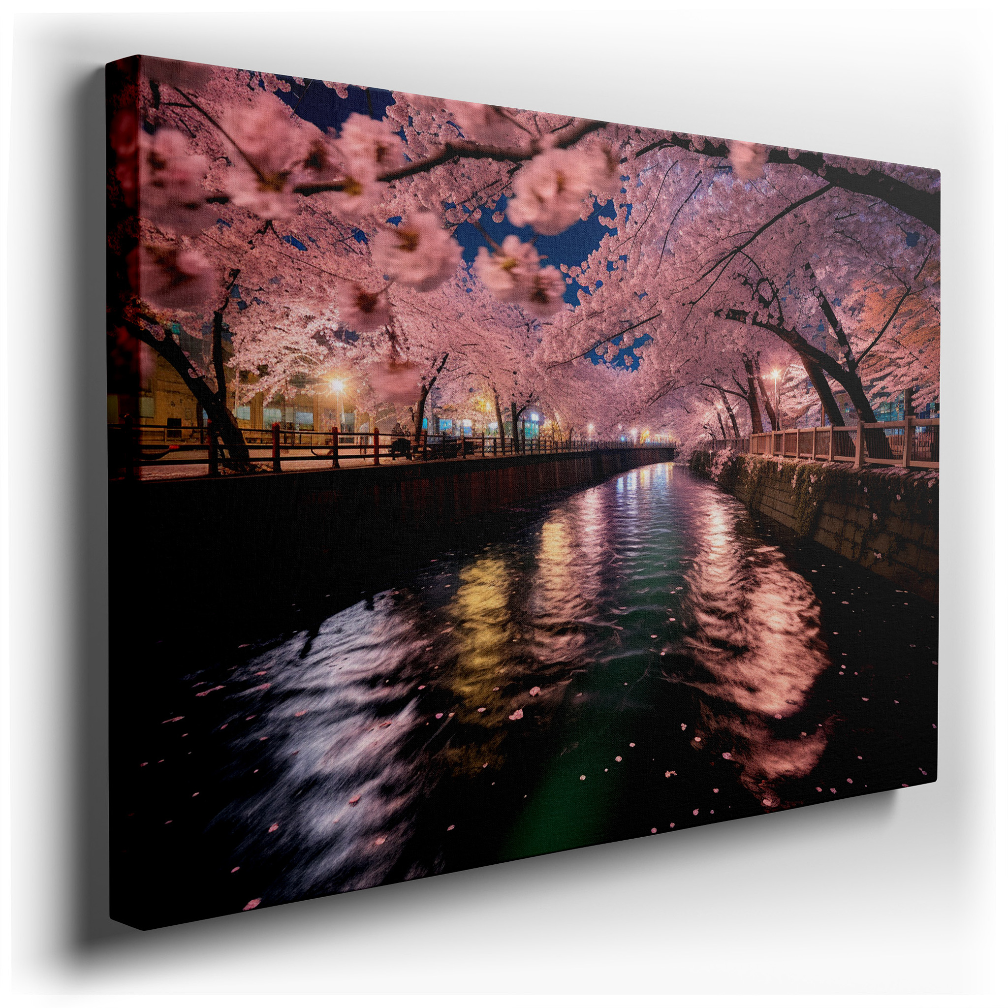 Serene River and Cherry Blossoms Under a Starlit Sky: Large Canvas Wall Art for Office, Bedroom, and Living Room Decor