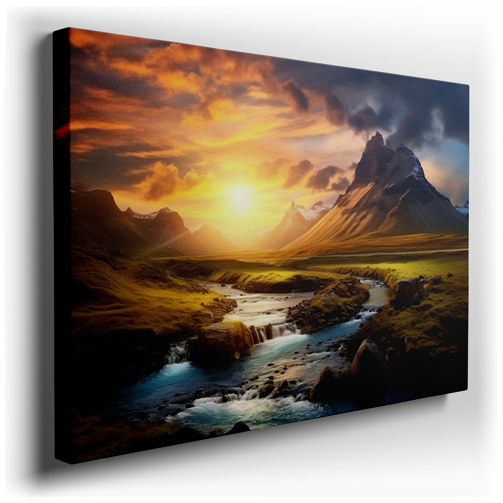 Serene River and Majestic Mountains Bathed in Sunset's Glow - Large Canvas Wall Art for Office and Bedroom Decor