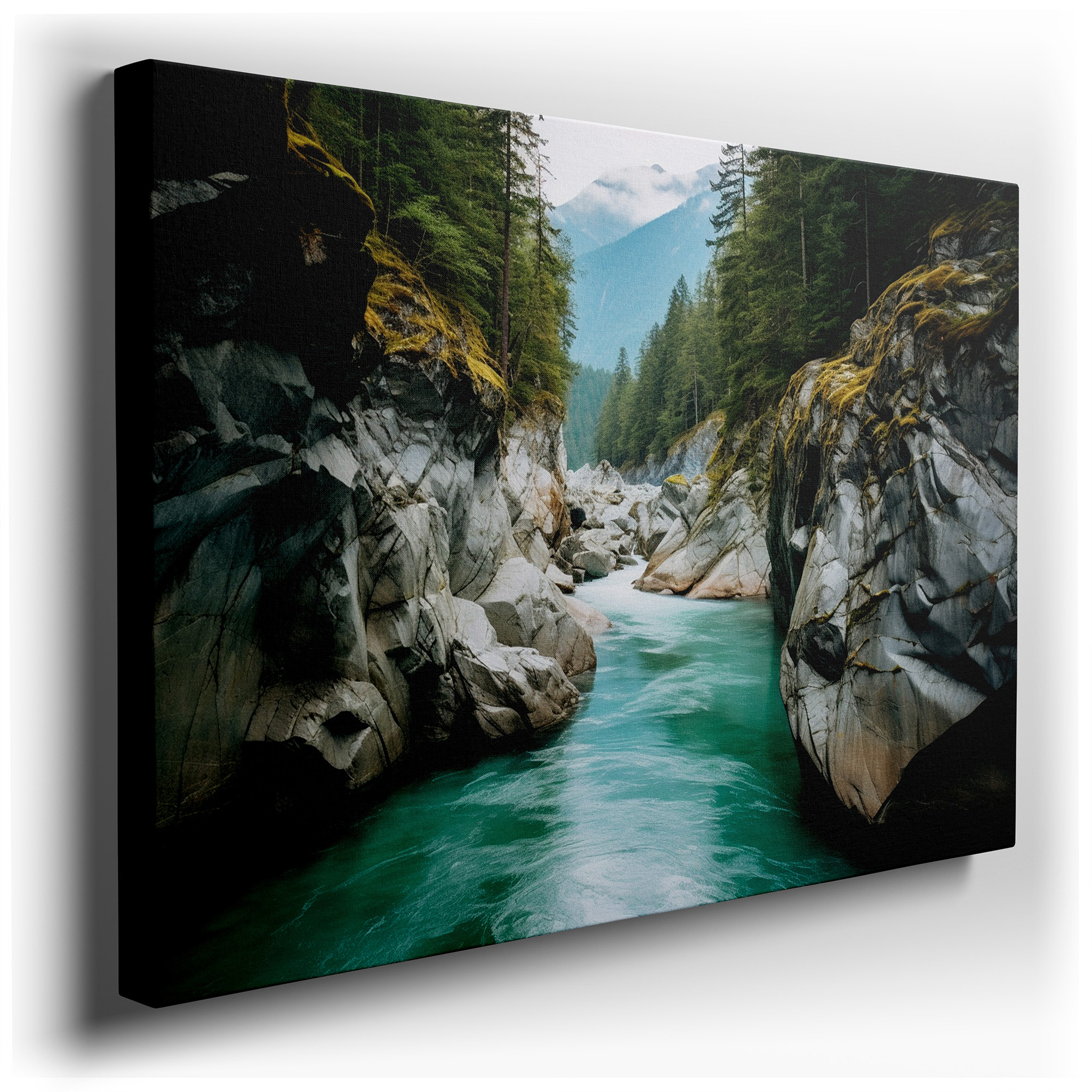 Serene River Streaming Through Grand Rocks Beneath Mystical Mountain Fog - Oversized Canvas Wall Art for Office and