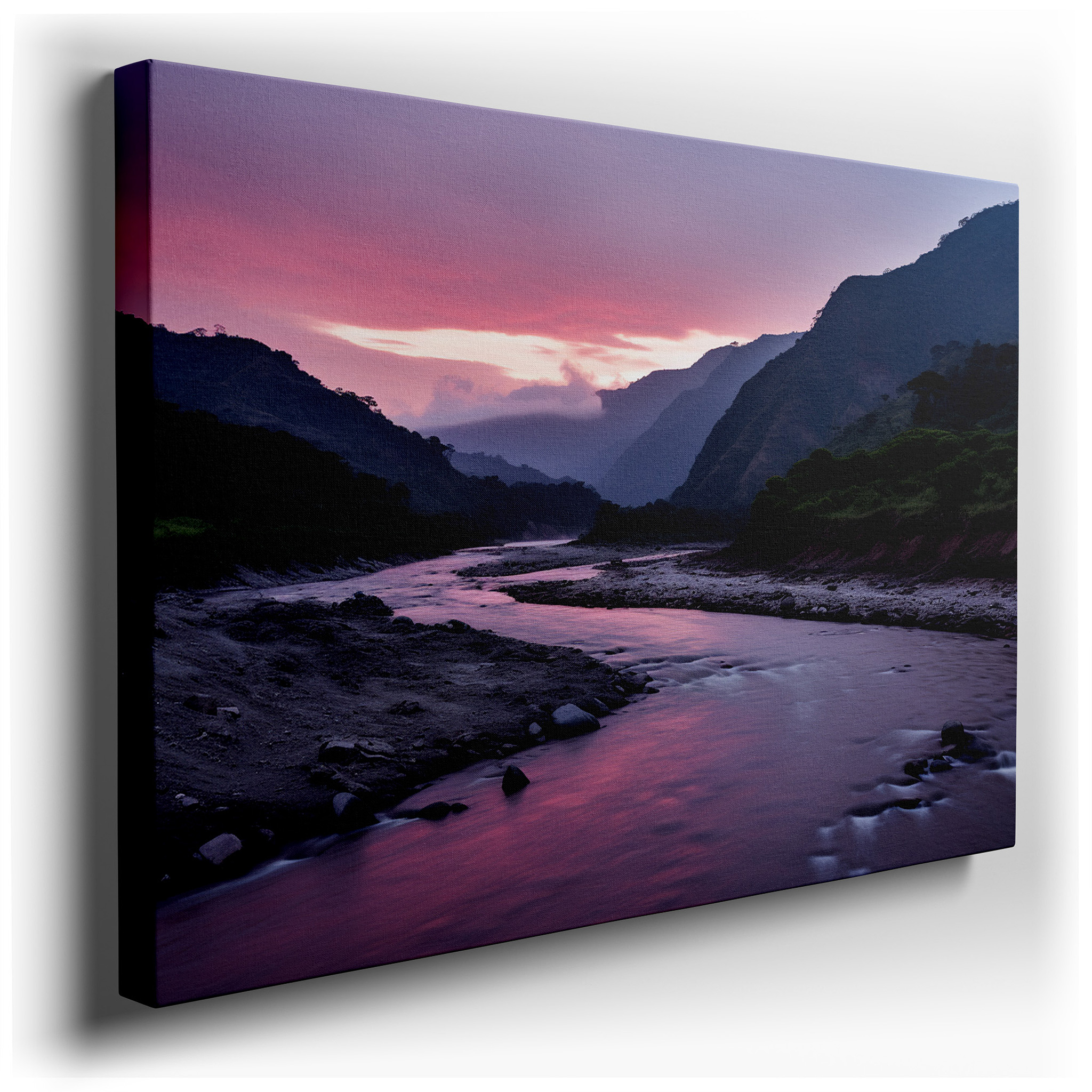 Serene Riverbed at Sunset: Large Canvas Wall Art Featuring Tranquil Fiery Skies and Reflective Waters, Ideal for Office
