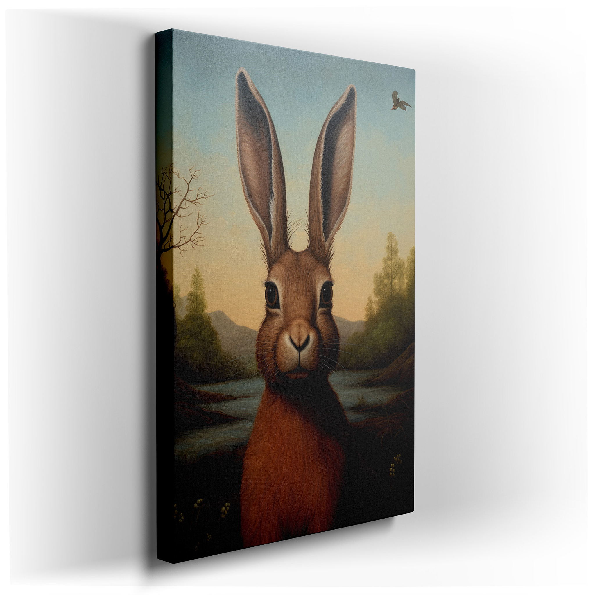Serene Riverside Rabbit: Large Canvas Wall Art Featuring Nature and Wildlife, Perfect for Office Decor wrapped canvas -