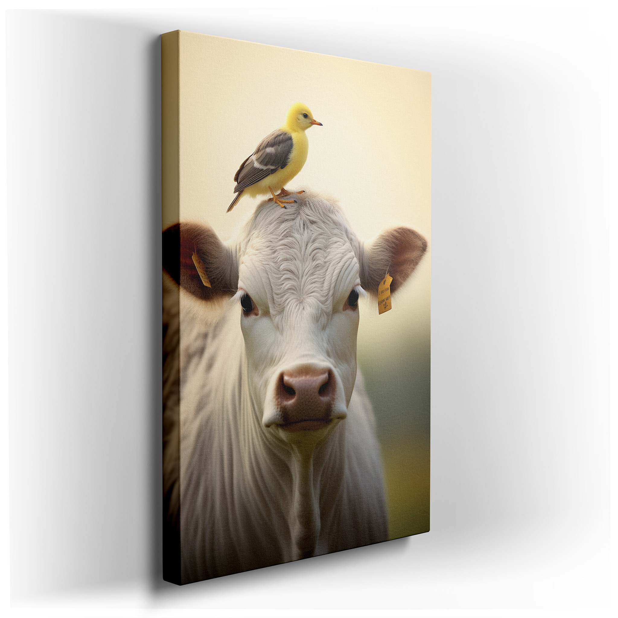 Serene Rural Life Wall Art Featuring a Gentle Cow and Playful Yellow Duck - Large Canvas for Office, Bedroom, or Living