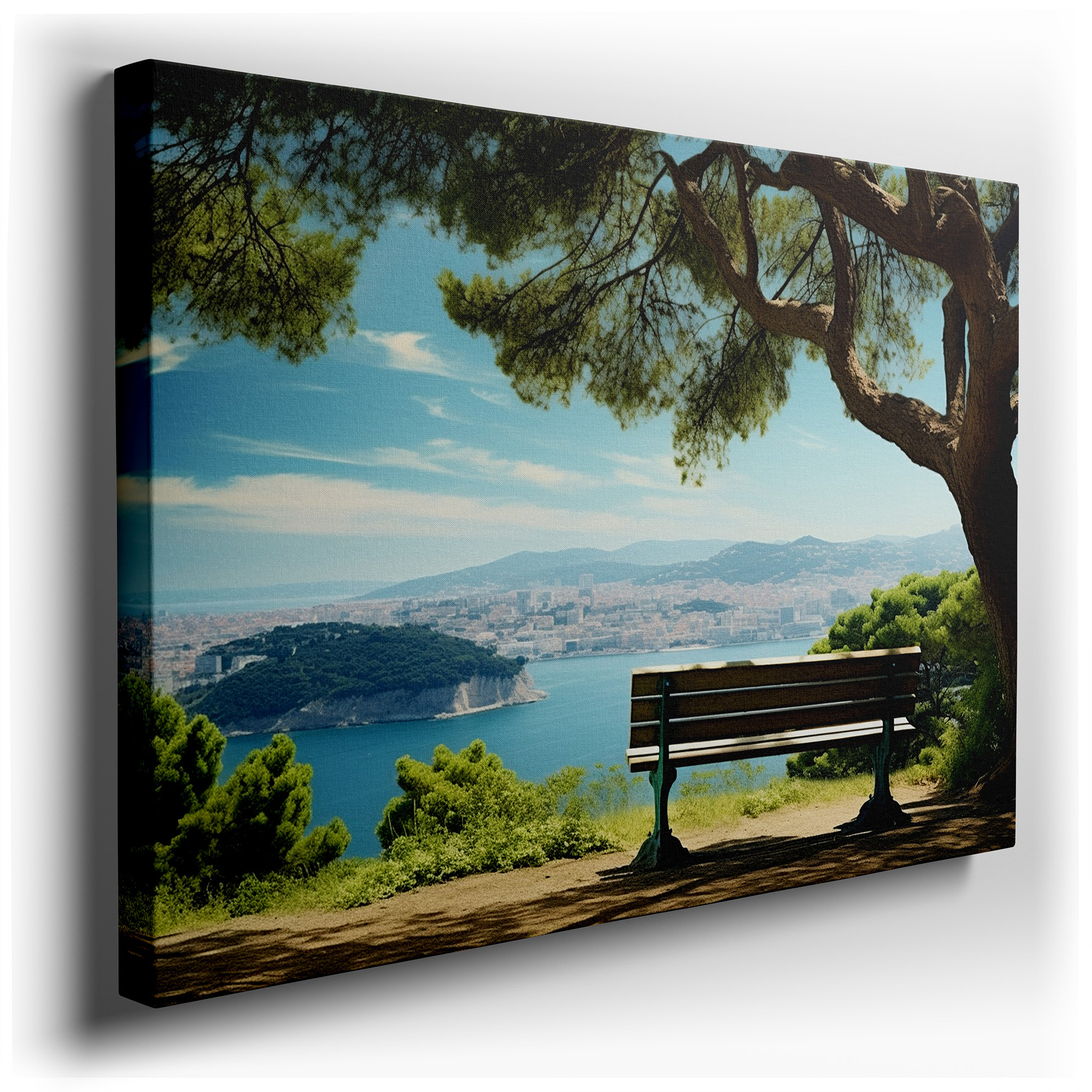 Serene Sanctuary Canvas Wall Art Featuring a Shaded Bench Under a Majestic Tree with Views of Rolling Hills and