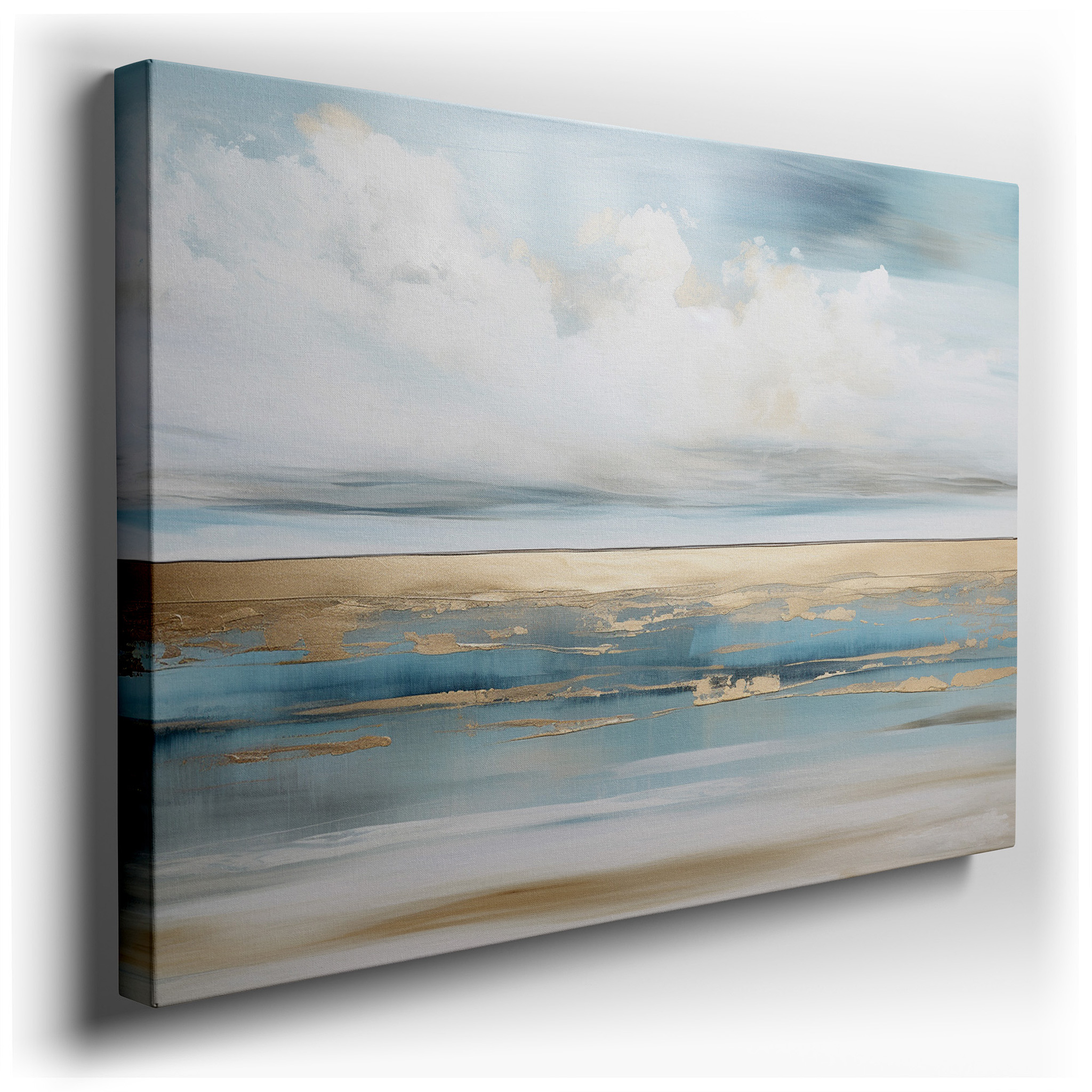 Serene Seascape Canvas Art in Blues and Greens with Golden Sunlight Reflections, Ideal for Office and Bedroom Wall