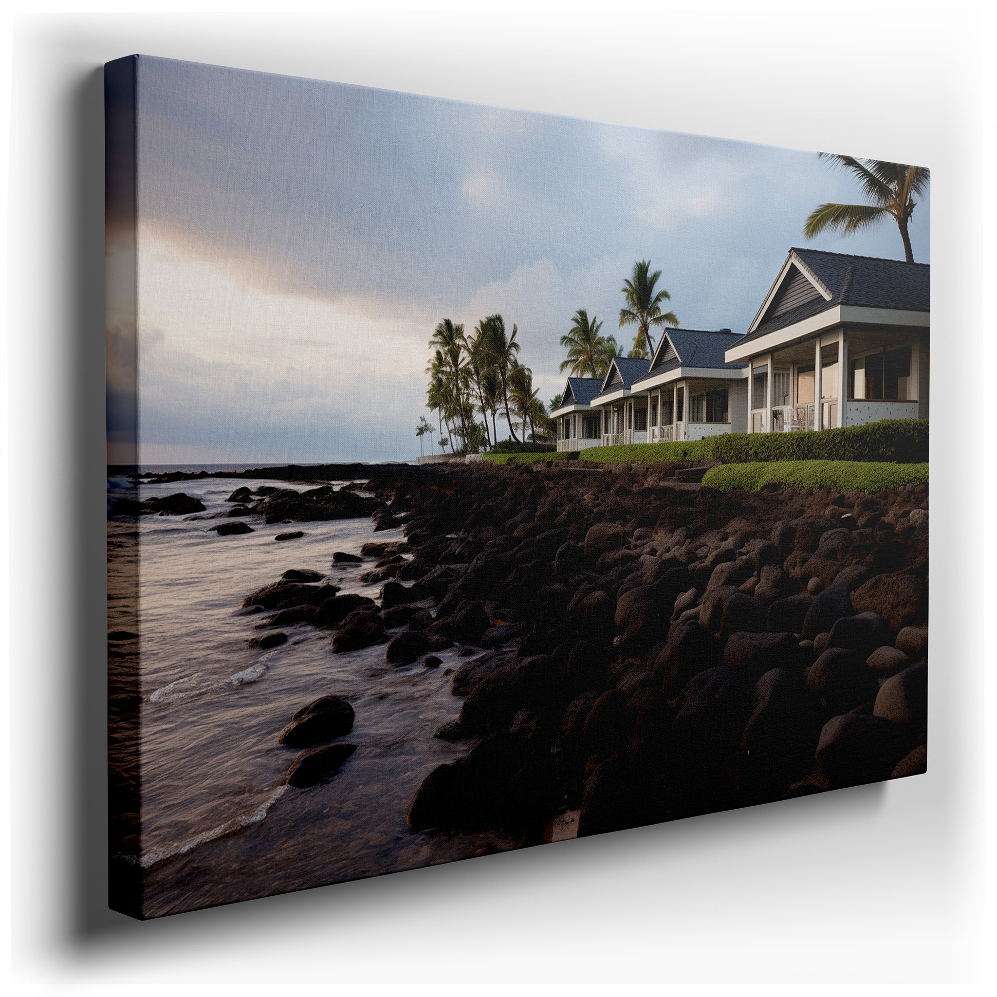 Serene Seaside Escape Featuring Pastel Villas and Tropical Palms - Large Wall Art, Canvas Wall Art, Wall Decor for