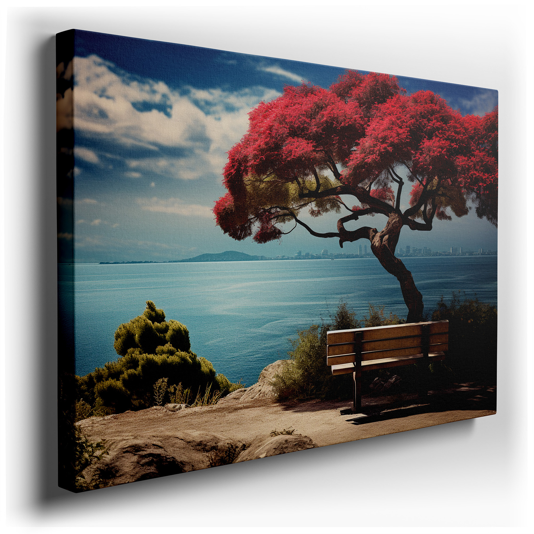 Serene Seaside View with Red Tree and Bench Large Canvas Wall Art, Decorative Wall Art for Office, Bedroom, and Living
