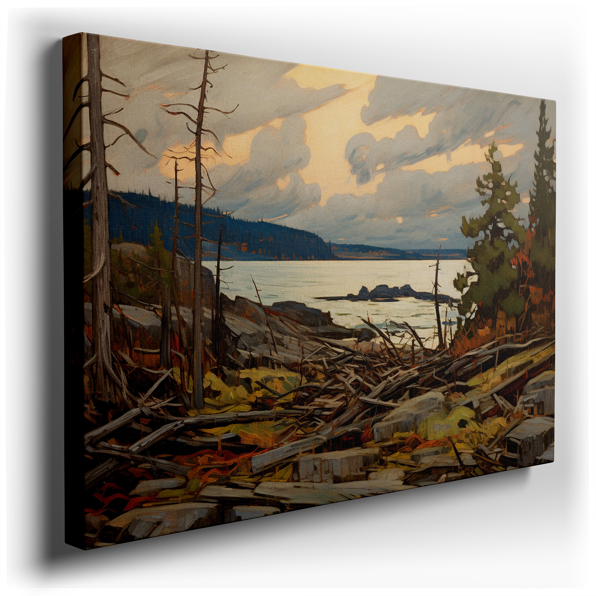 Serene Shoreline at Dusk: A Tranquil Glow Amidst Nature's Chaos - Large Canvas Wall Art for Office and Bedroom Decor