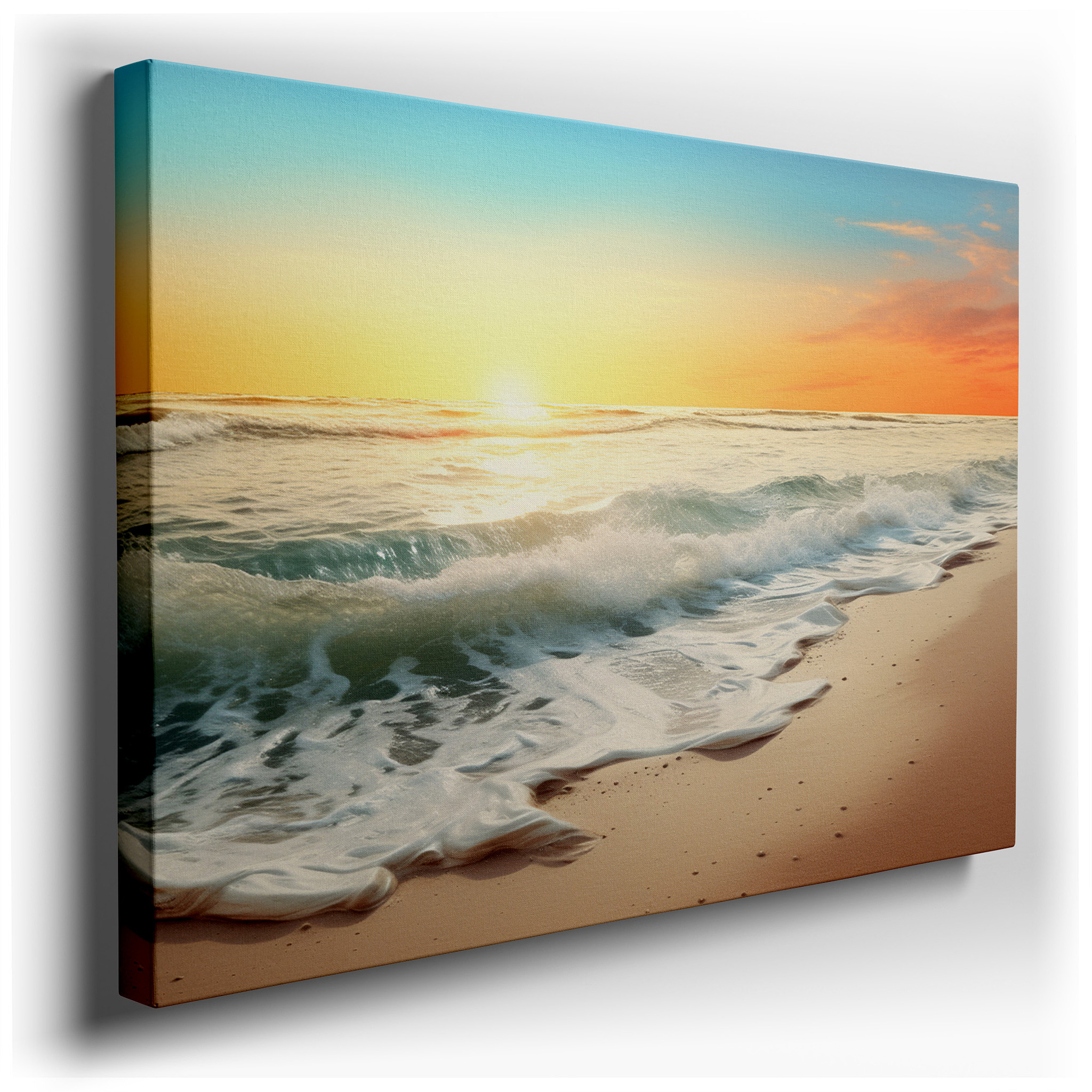 Serene Shoreline at Sunset: Tranquil Orange and Blue Hues, Large Canvas Wall Art for Office and Bedroom Decor wrapped
