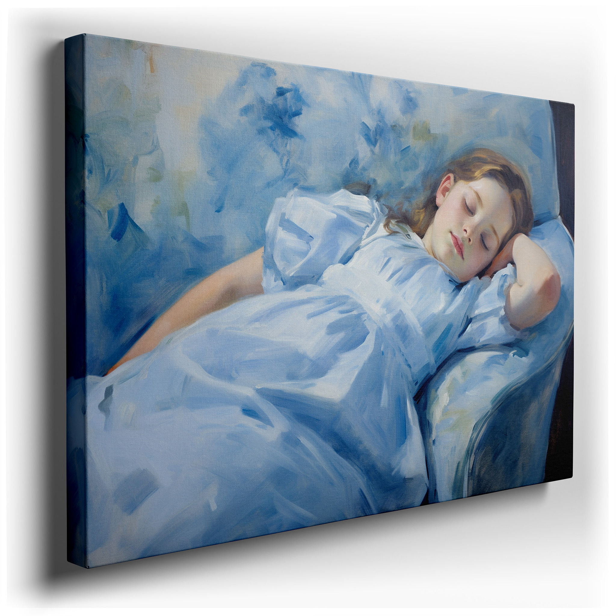 Serene Sleep of a Young Girl in Soft Blue Hues, Oversized Canvas Wall Art for Home and Office Decor, Suitable for