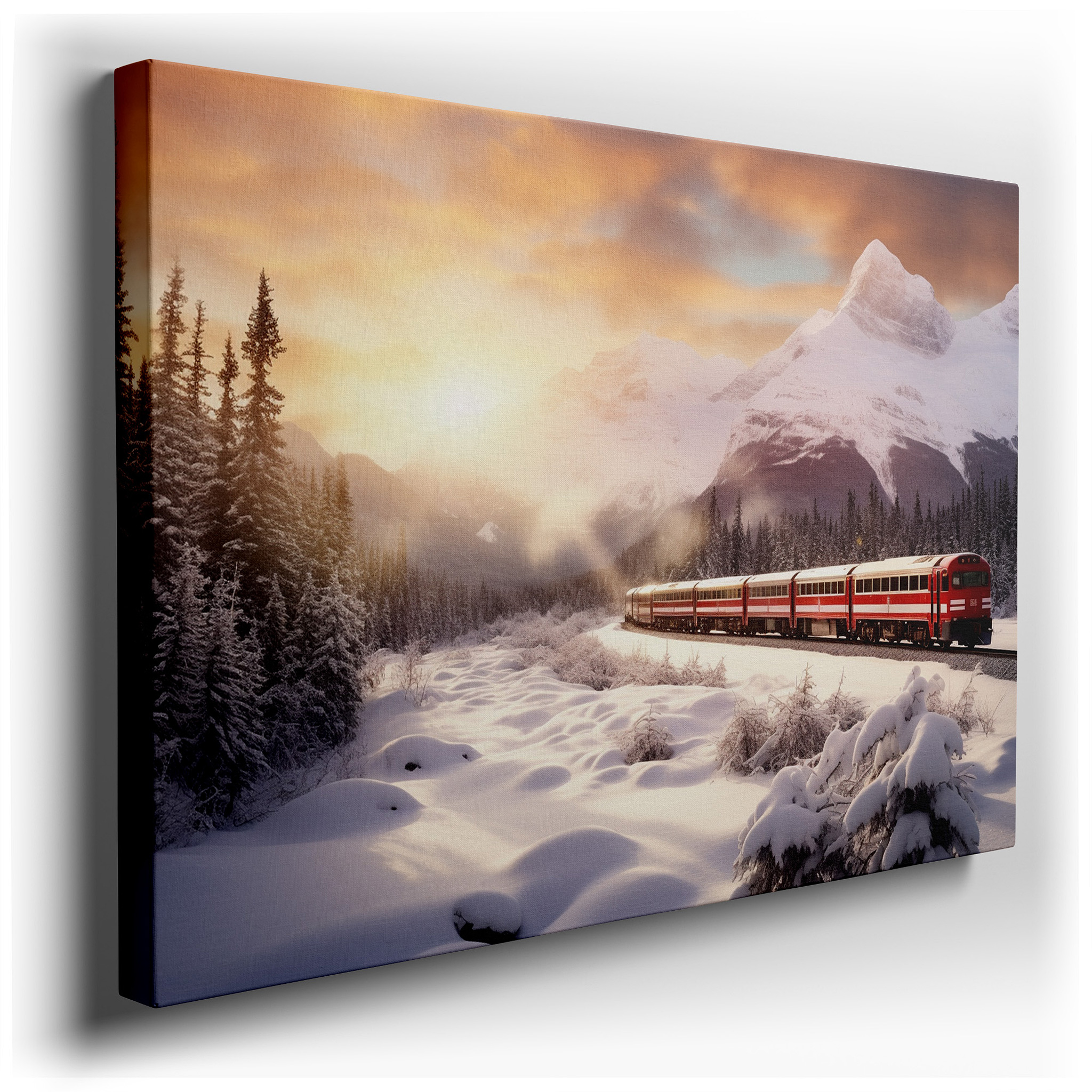 Serene Snow Scene Featuring a Bright Red Train at Sunset - Large Canvas Wall Art for Office, Bedroom, and Living Room