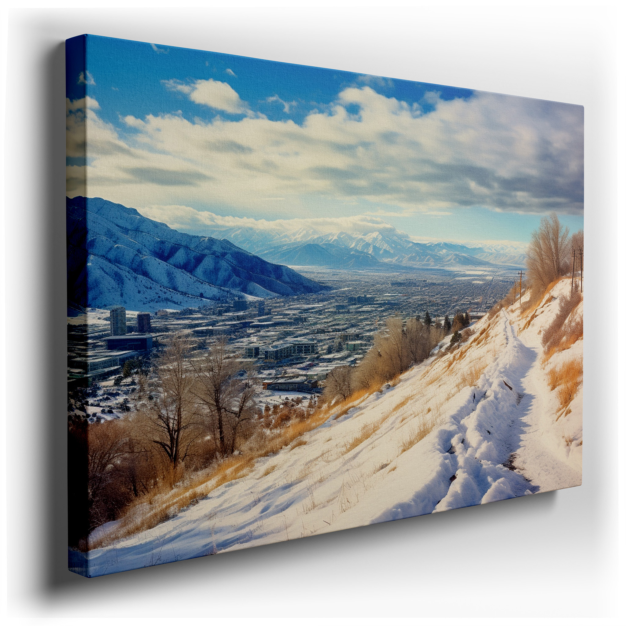 Serene Snowy Valley with Towering Mountains and Ethereal Winter Sky Large Canvas Wall Art for Office and Bedroom Decor