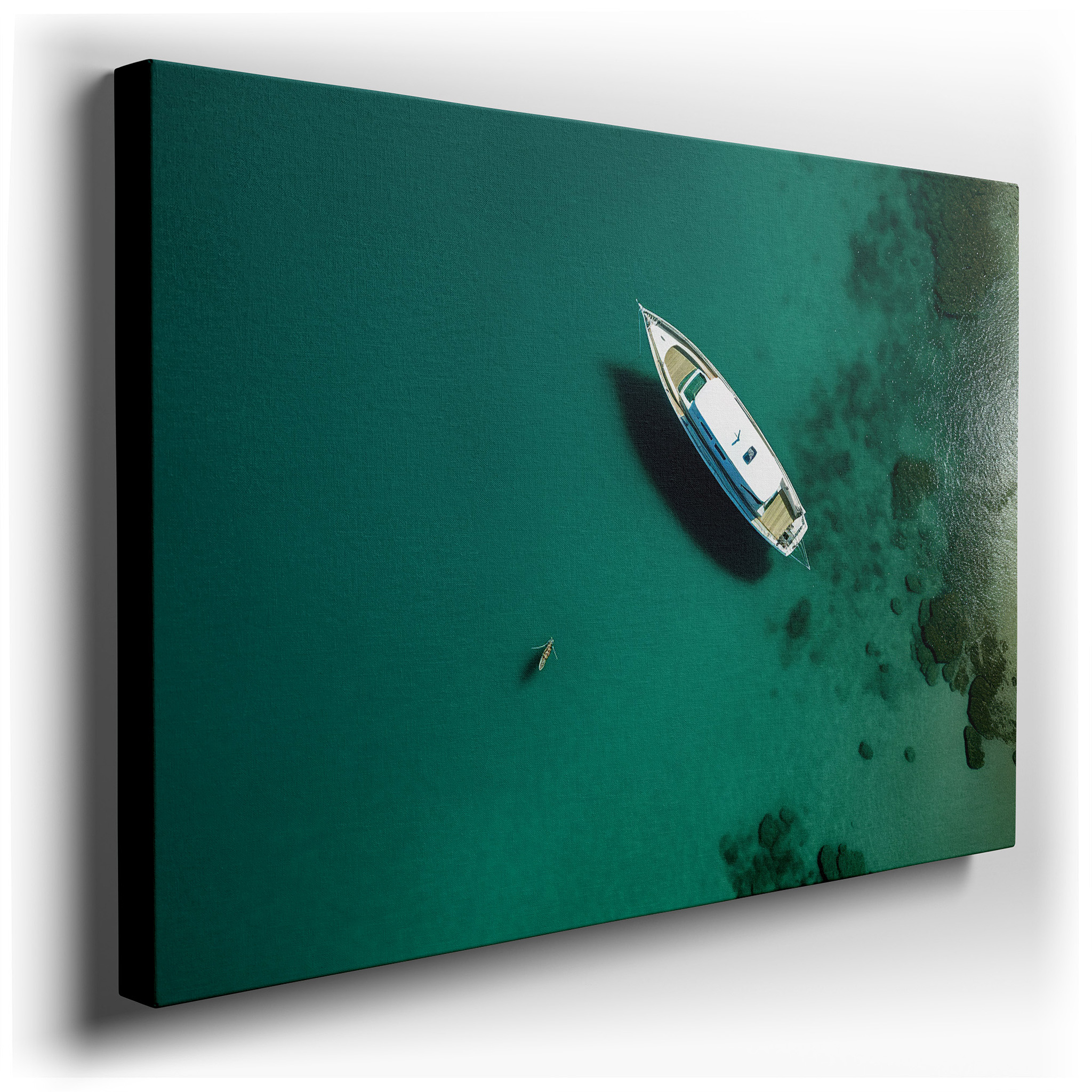 Serene Solitude: Aerial View of a Lone Boat in a Tropical Cove - Large Wall Art, Canvas Wall Art, Wall Decor for Office