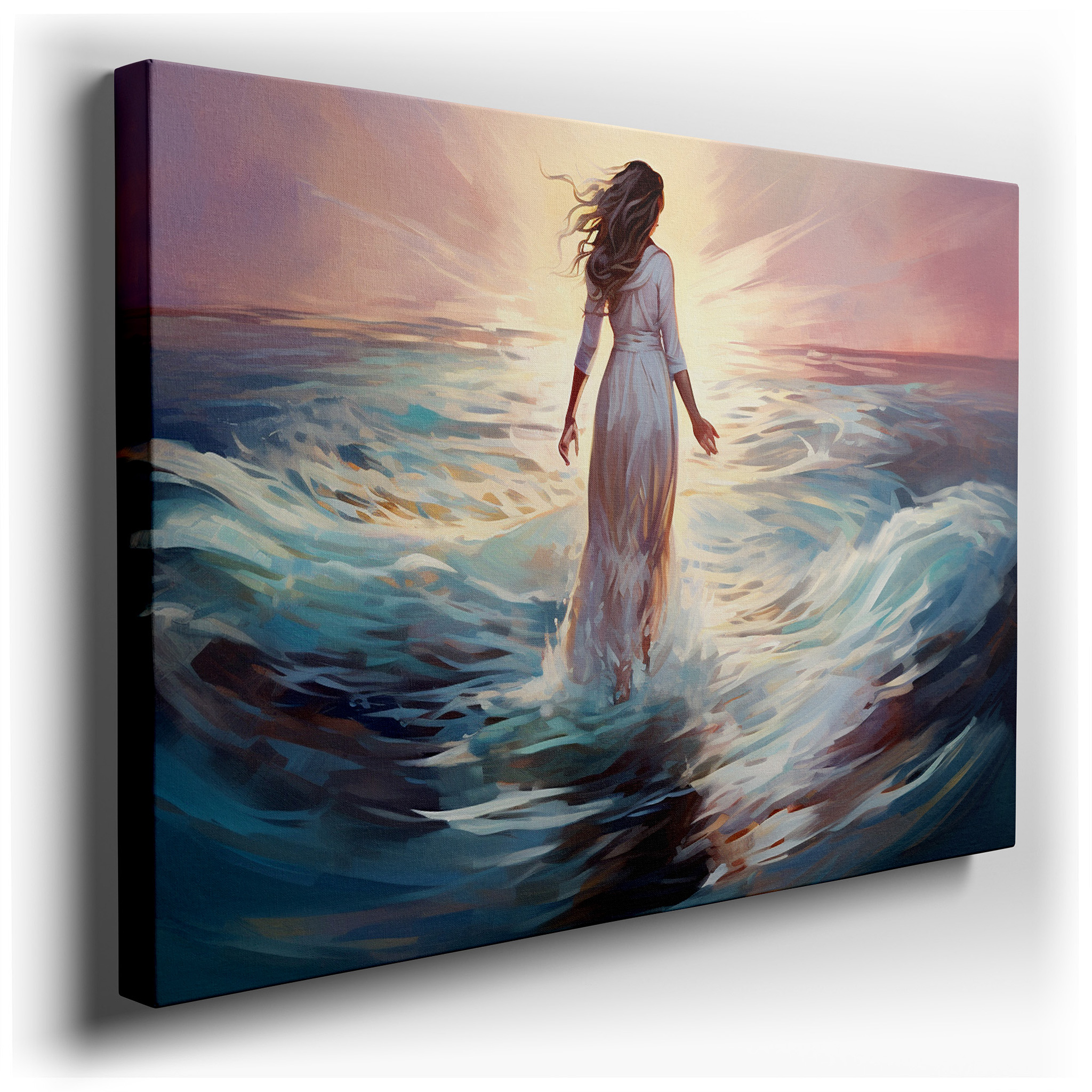 Serene Solitude at Sunset - Tranquil Seascape Featuring a Woman Enveloped by the Ocean Large Wall Art, Canvas Wall Art,