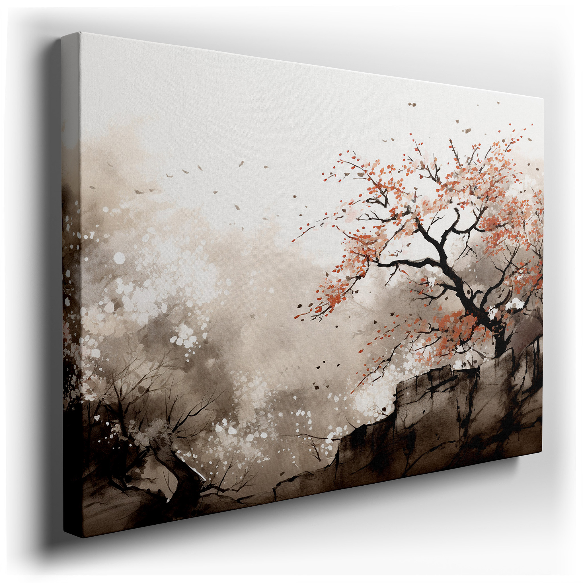 Serene Solitude - Minimalist Ink Wash Depicting a Lone Autumn Tree, Large Canvas Wall Art for Office and Bedroom Decor