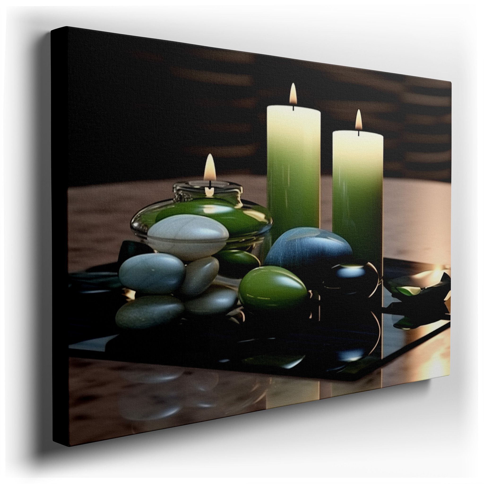 Serene Still Life Featuring Polished Stones and Flickering Candlelight - Large Canvas Wall Art for Office and Bedroom