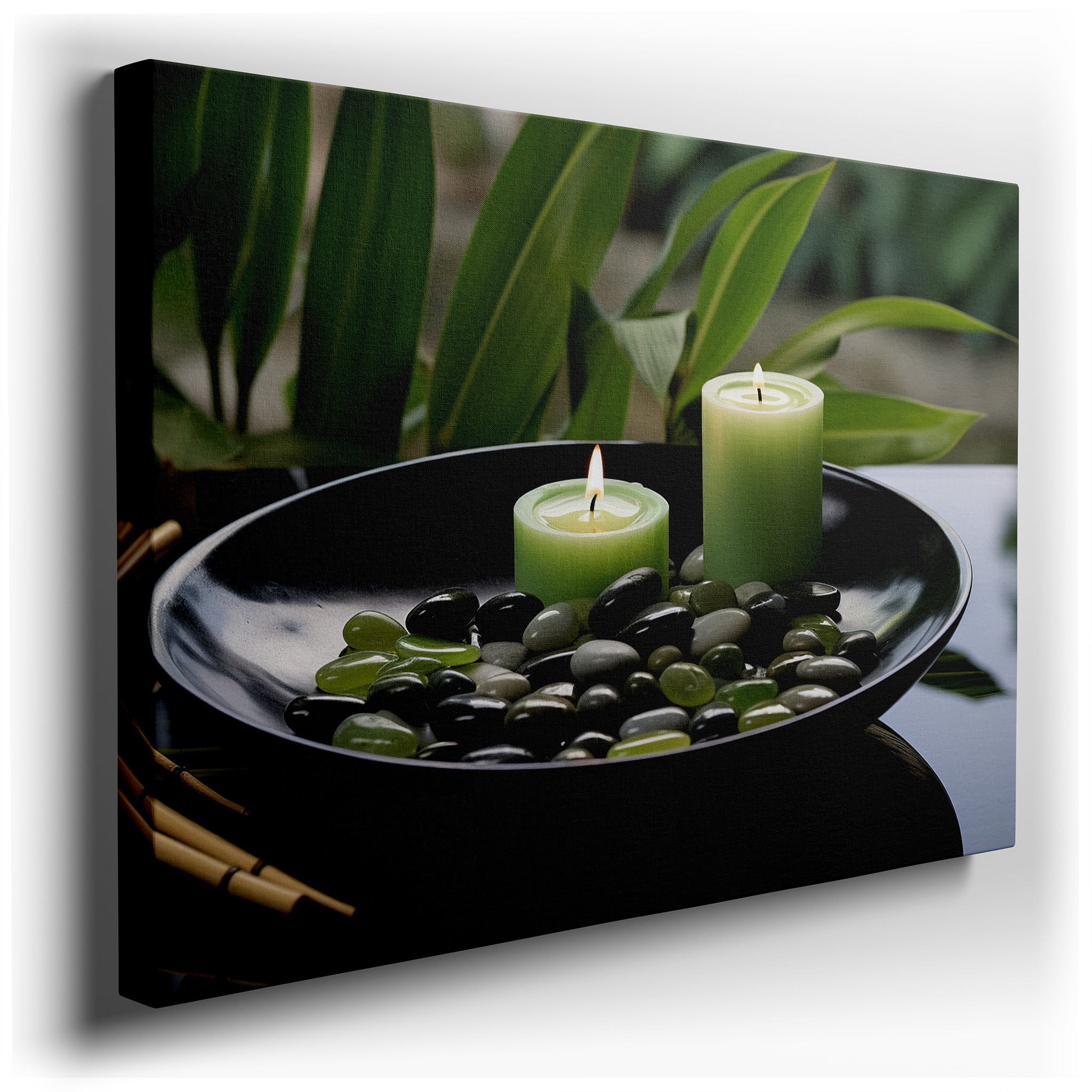 Serene Stones and Candles Surrounded by Lush Greenery, Tranquil Still Life Wall Art, Large Canvas Decor for Office and