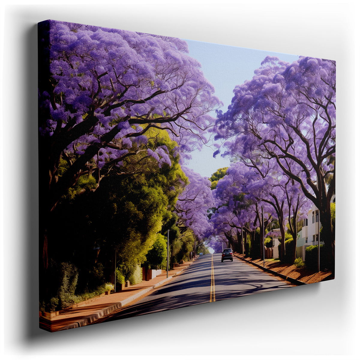 Serene Street with Majestic Jacaranda Trees - Vibrant Canvas Wall Art