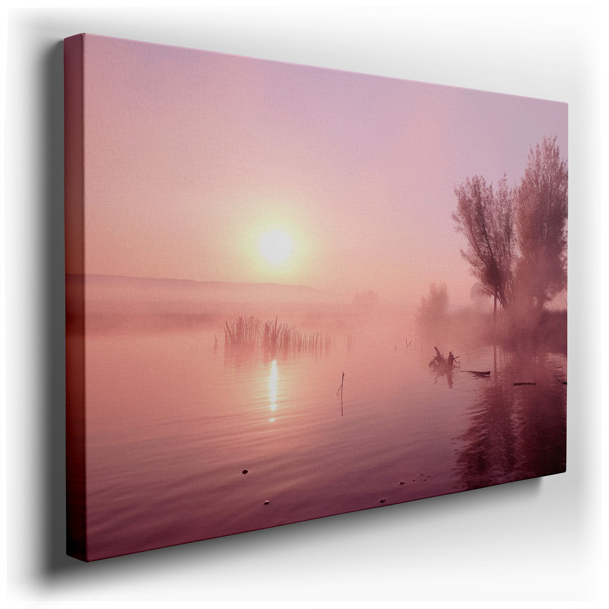 Serene Sunrise Over Misty Lake Wall Art: Ethereal Light and Soft Pink Hues for Tranquility - Large Canvas Wall Art