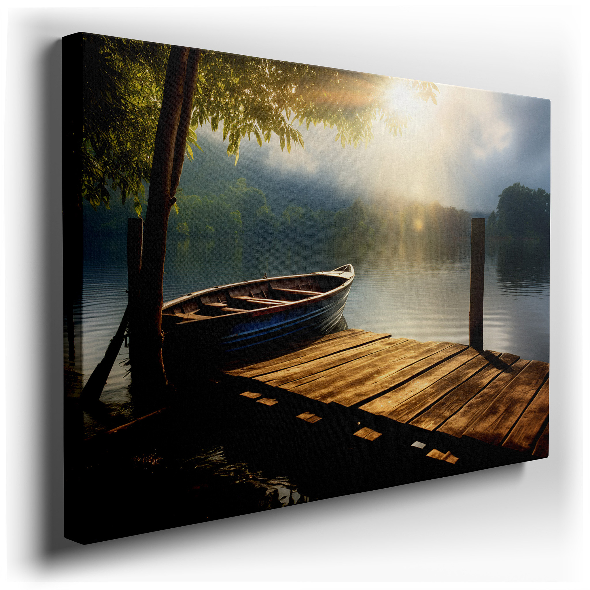 Serene Sunrise Over Misty Lake with Weathered Pier and Wooden Boat - Large Canvas Wall Art for Office and Bedroom Decor