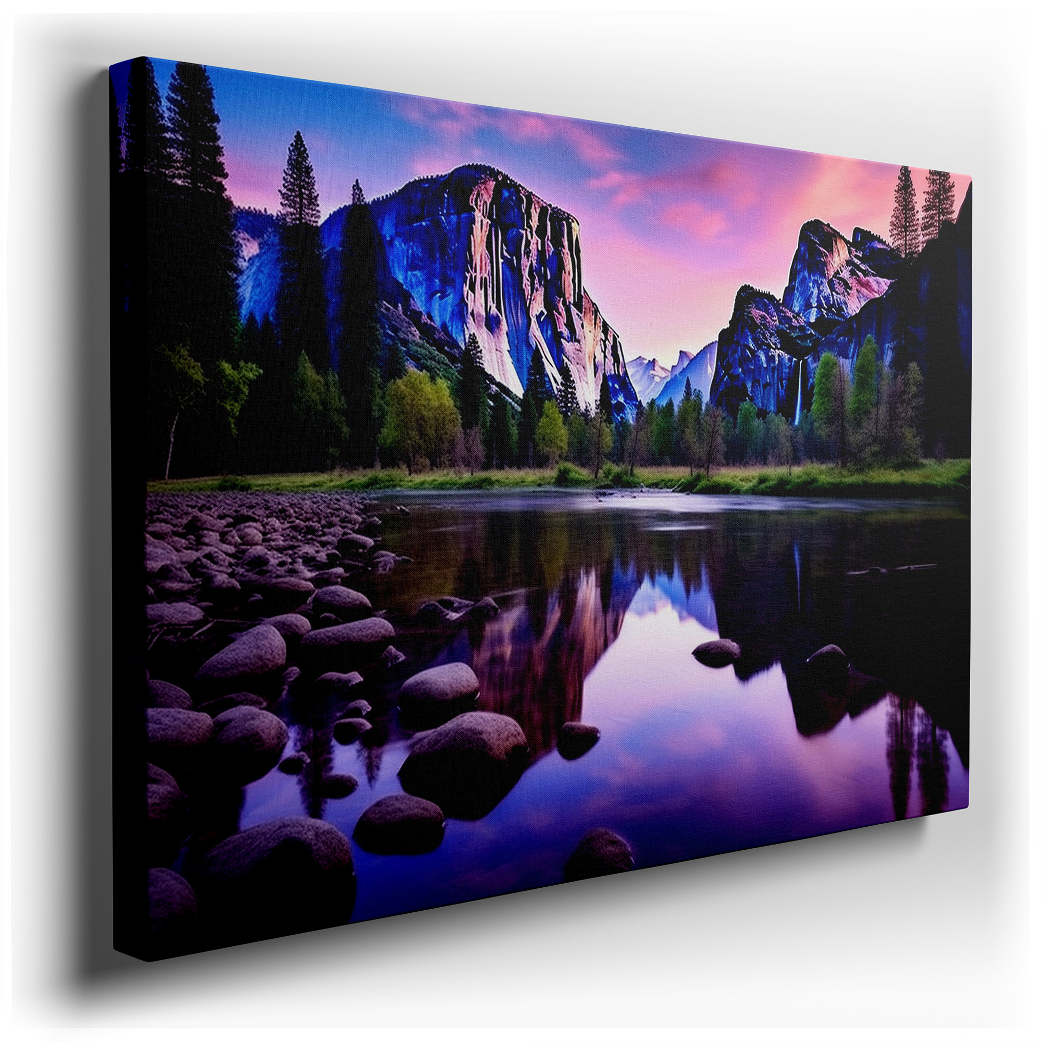 Serene Sunrise Reflections on a Secluded Lake, Large Canvas Wall Art by Majestic Cliffs, Ideal for Office and Bedroom