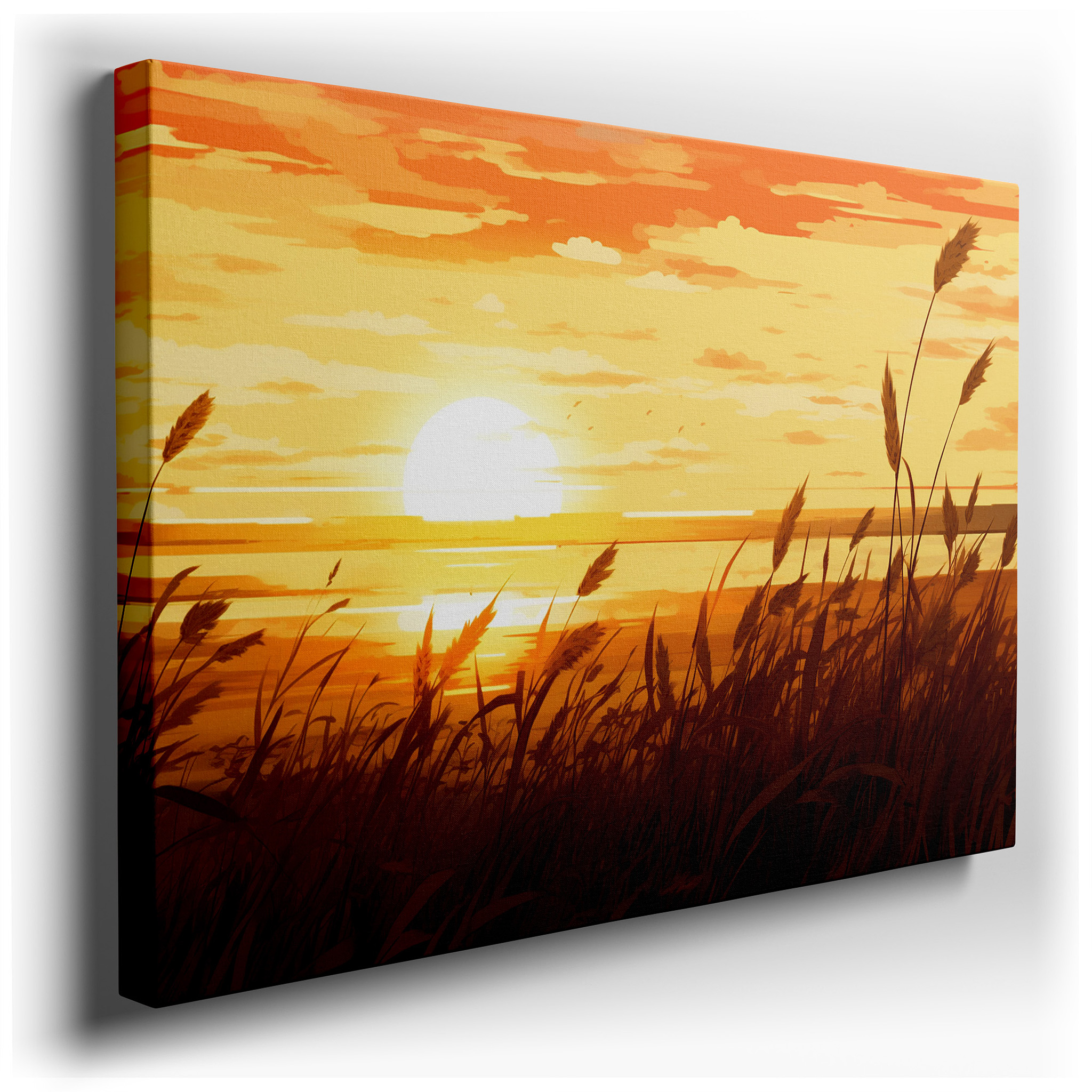 Serene Sunset Amidst Tall Grasses and Tranquil Waters: A Stunning Exhibition of Natural Splendor - Large Wall Art,
